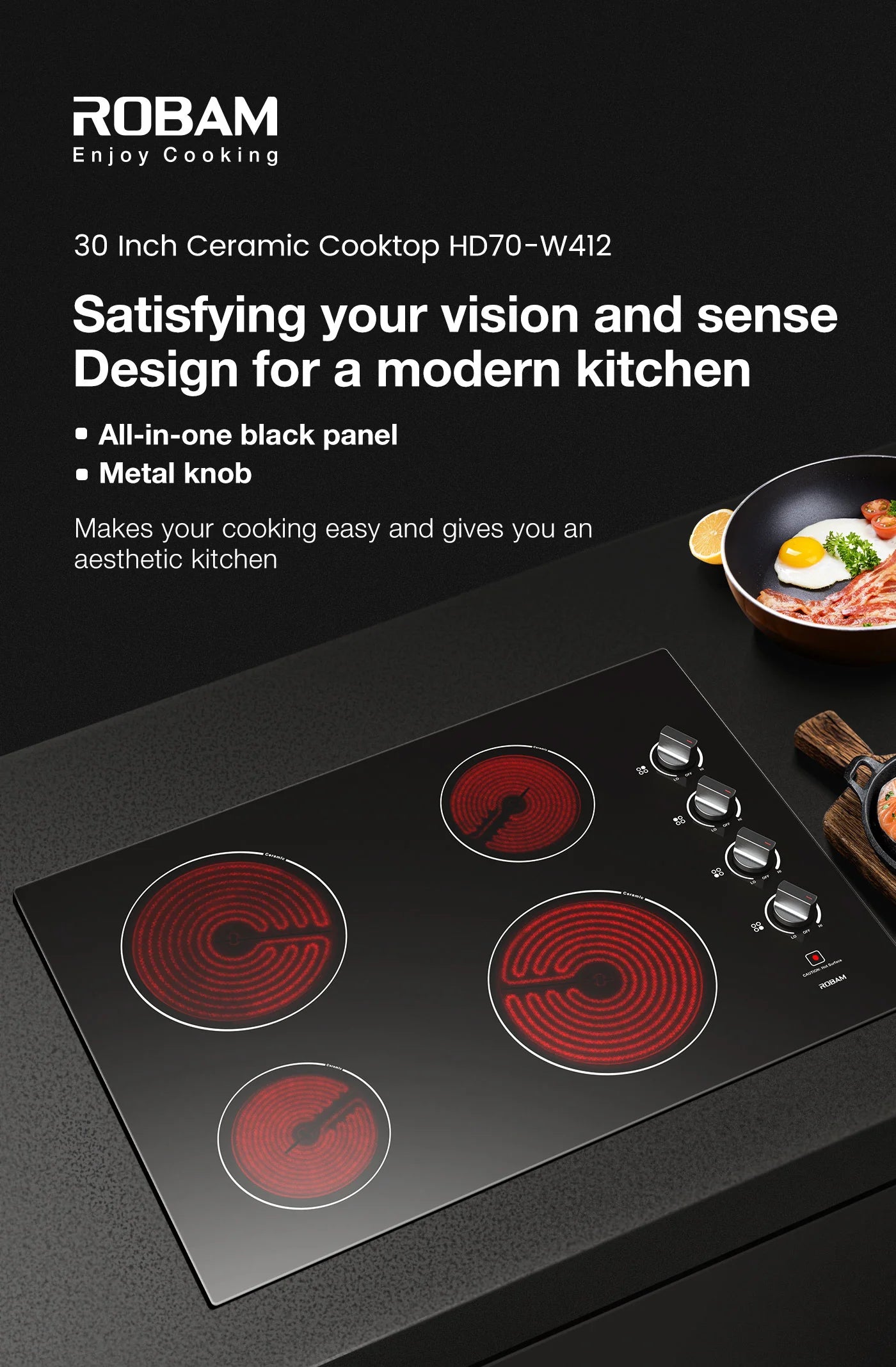 ROBAM 30-Inch Electric Ceramic Glass Cooktop with 4 Burners - Fast Heating, Easy Cleaning for Modern Kitchens | Perfect for Home Cooking, Baking & Entertaining