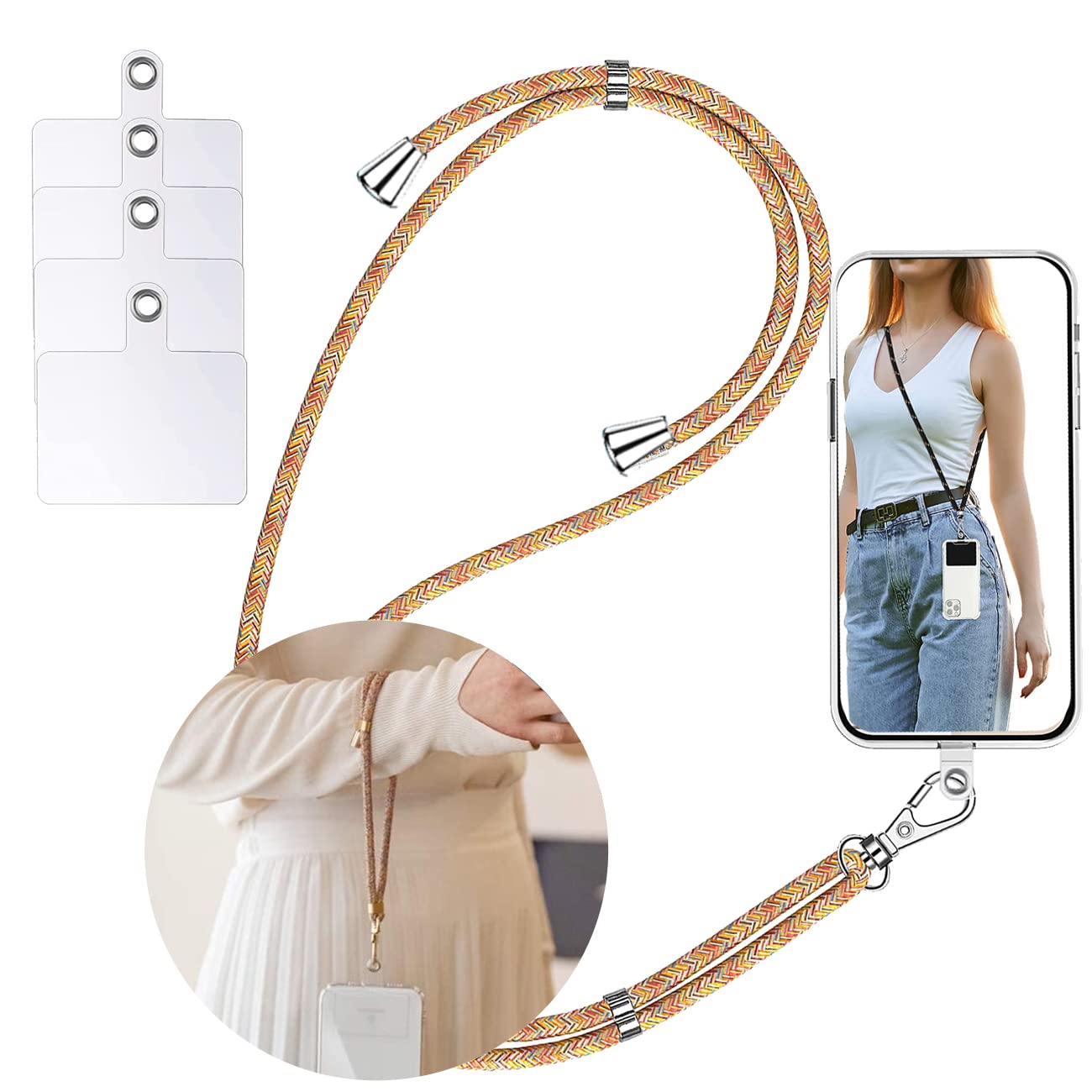 Adjustable Nylon Phone Lanyard Strap - Crossbody Neck & Wrist Strap with 5 Phone Patches - Compatible with Most Smartphones (Red Rainbow) - Perfect for Travel, Work, Concerts & Outdoor Activities