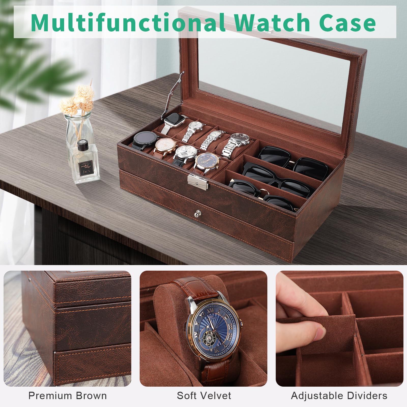 TomCare 2-Tier Watch Box with Lockable Glass Lid - Jewelry Organizer for Watches, Sunglasses, Rings, Necklaces & Bracelets - Premium Storage Case for Men & Women (Brown) - Perfect for Home Display, Travel & Gift Giving