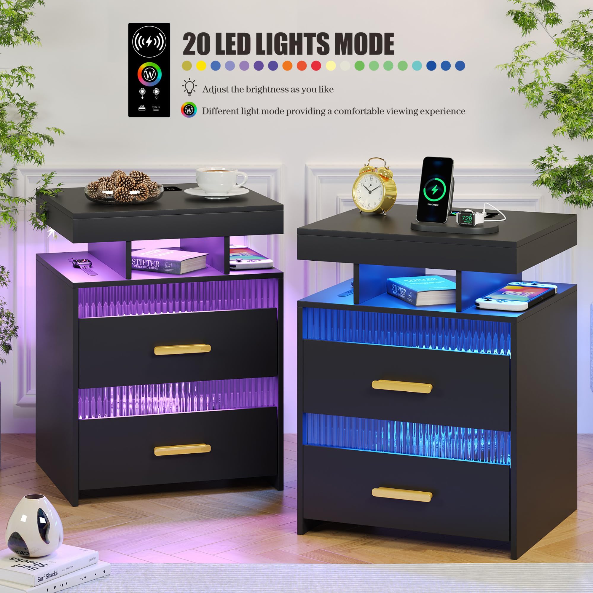 RGB LED Nightstand with USB Charging Station & Drawers - Smart Human Sensor Lights, Modern Black End Table for Bedroom, Living Room, Office - Perfect for Nighttime Reading, Device Charging & Ambient Lighting