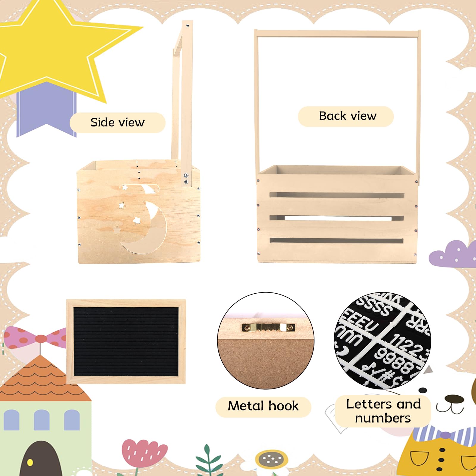 Wooden Baby Shower Gift Basket with Handle - DIY Felt Blackboard Storage Crate & Hamper for Newborn - Perfect for Baby Shower Decor, Pregnancy Gifts & New Parent Essentials - Nursery Organization & Party Decorations