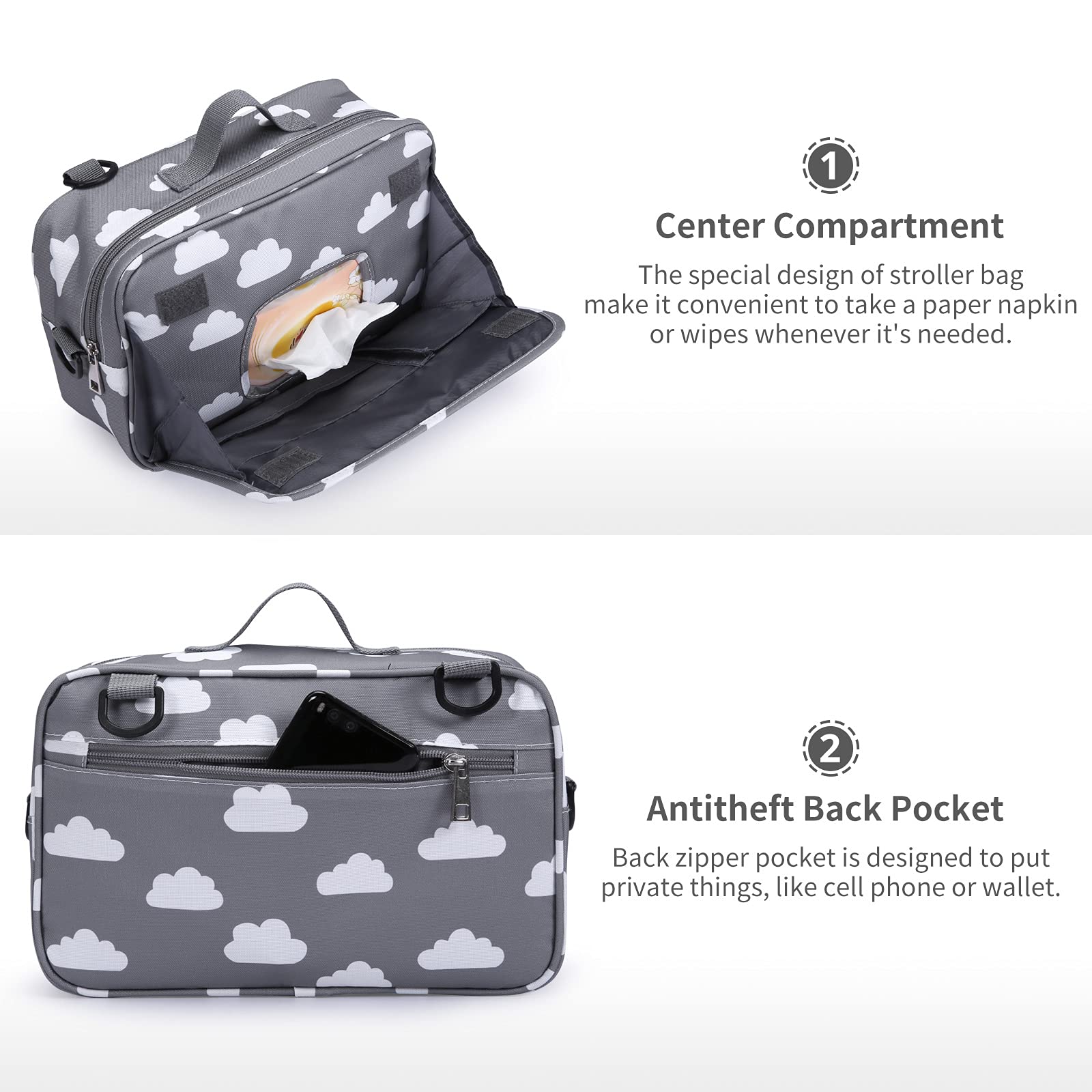 Portable Diaper Bag for Baby - Insulated Pocket, Stroller Hooks & Adjustable Strap - Universal Mini Tote Organizer Fits All Strollers (Gray) - Perfect for On-the-Go Parents, Travel & Daily Strolls