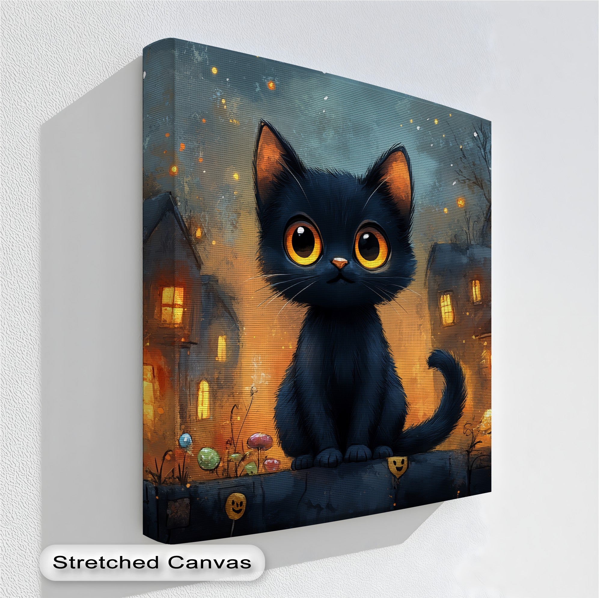 Big Eyed Black Kitten in Halloween Town - Cute Cat Canvas Wall Art Print for Home Decor, Living Room, Bedroom & Office