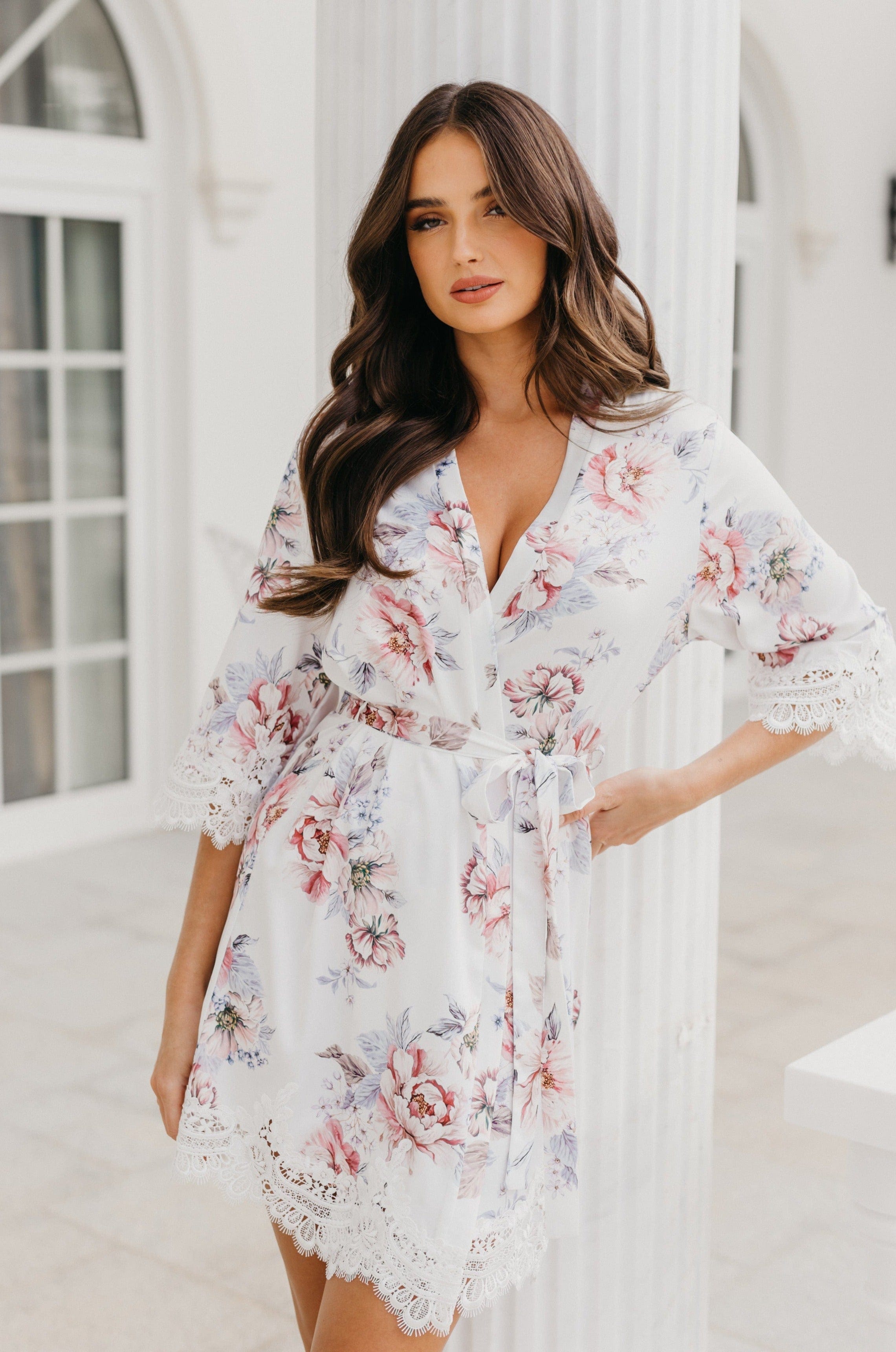 Serena Veiled Rose Printed Lace Trim Satin Robe - Elegant Bridal Lingerie & Boudoir Dress for Wedding Night, Honeymoon & Romantic Occasions