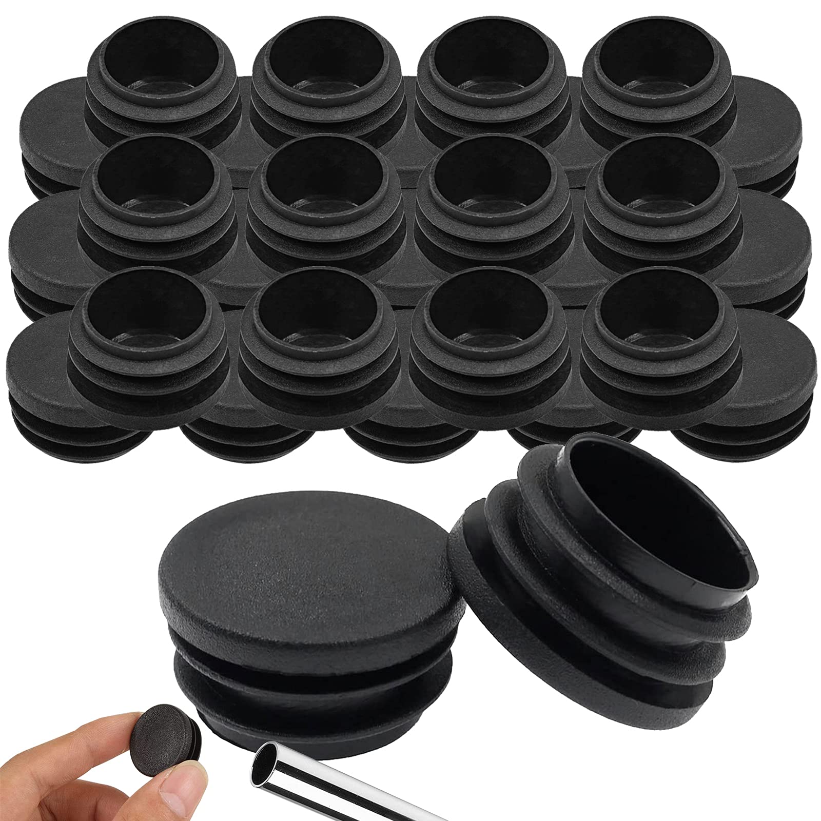 GZLCEU 30 Pack Black Plastic Round Chair Leg Caps - 30 x 17mm Furniture Floor Protectors for Steel Tubes, Wood Tables, Chairs & Walking Canes - Prevent Scratches & Noise on Hardwood Floors