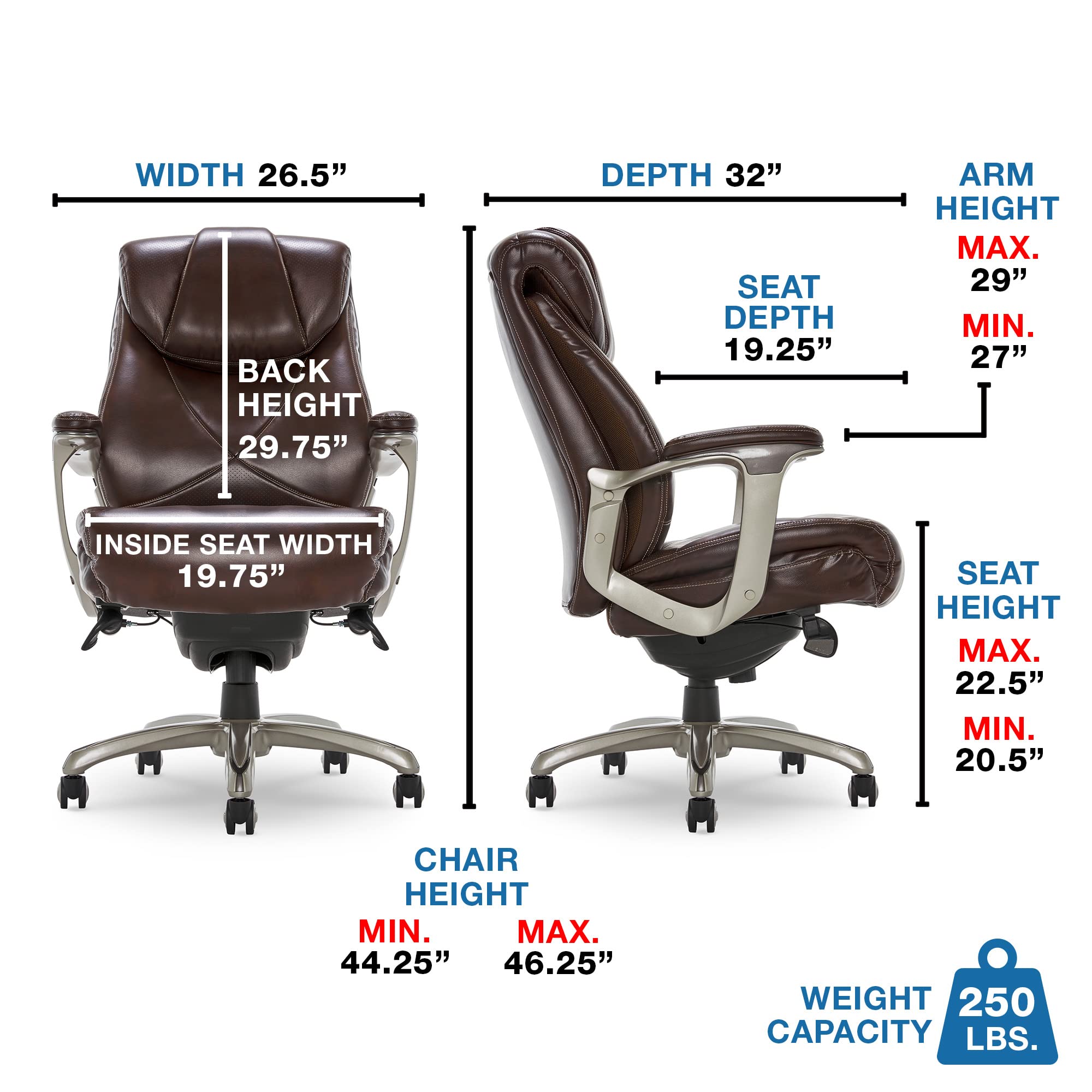 La-Z-Boy Cantania Executive Office Chair with AIR Lumbar Support & Memory Foam Cushions - Ergonomic High Back Desk Chair with Brown Bonded Leather - Perfect for Home Office, Gaming & Workspaces