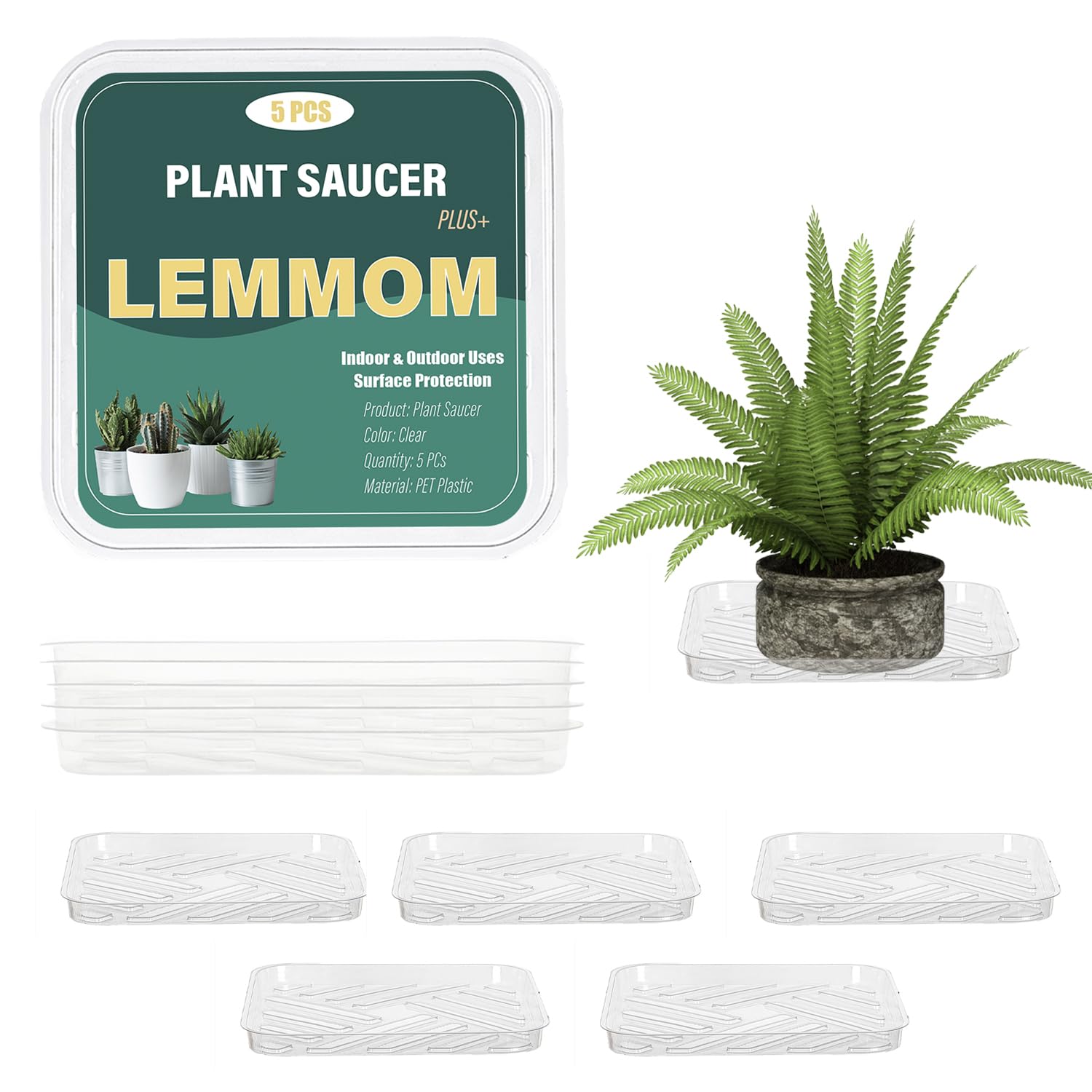 5 Pack 10 Inch Square Clear Plastic Plant Saucers - Heavy Duty Drip Trays for Indoor/Outdoor Potted Plants - Perfect Water Collection Trays for Home Garden, Balcony, and Greenhouse Use