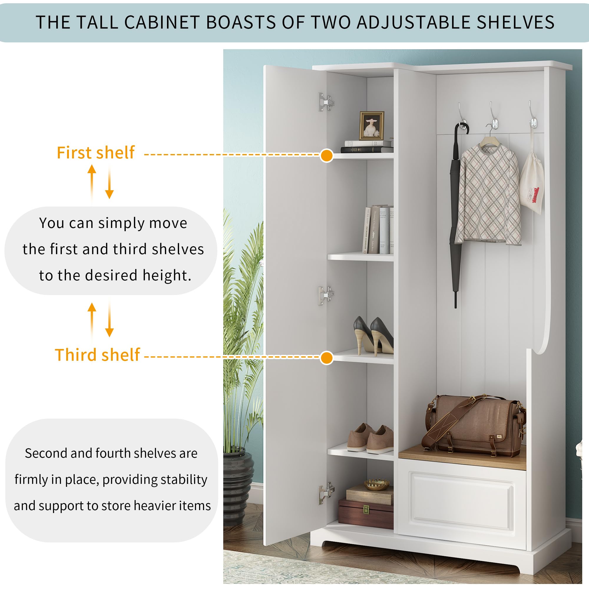 Multifunctional Hall Tree with Bench, Shoe Storage & Coat Rack - 3-in-1 Entryway Organizer with Flip-Up Storage & Adjustable Shelves, White Wooden Tall Cabinet - Perfect for Small Spaces, Apartments & Home Entryway Organization