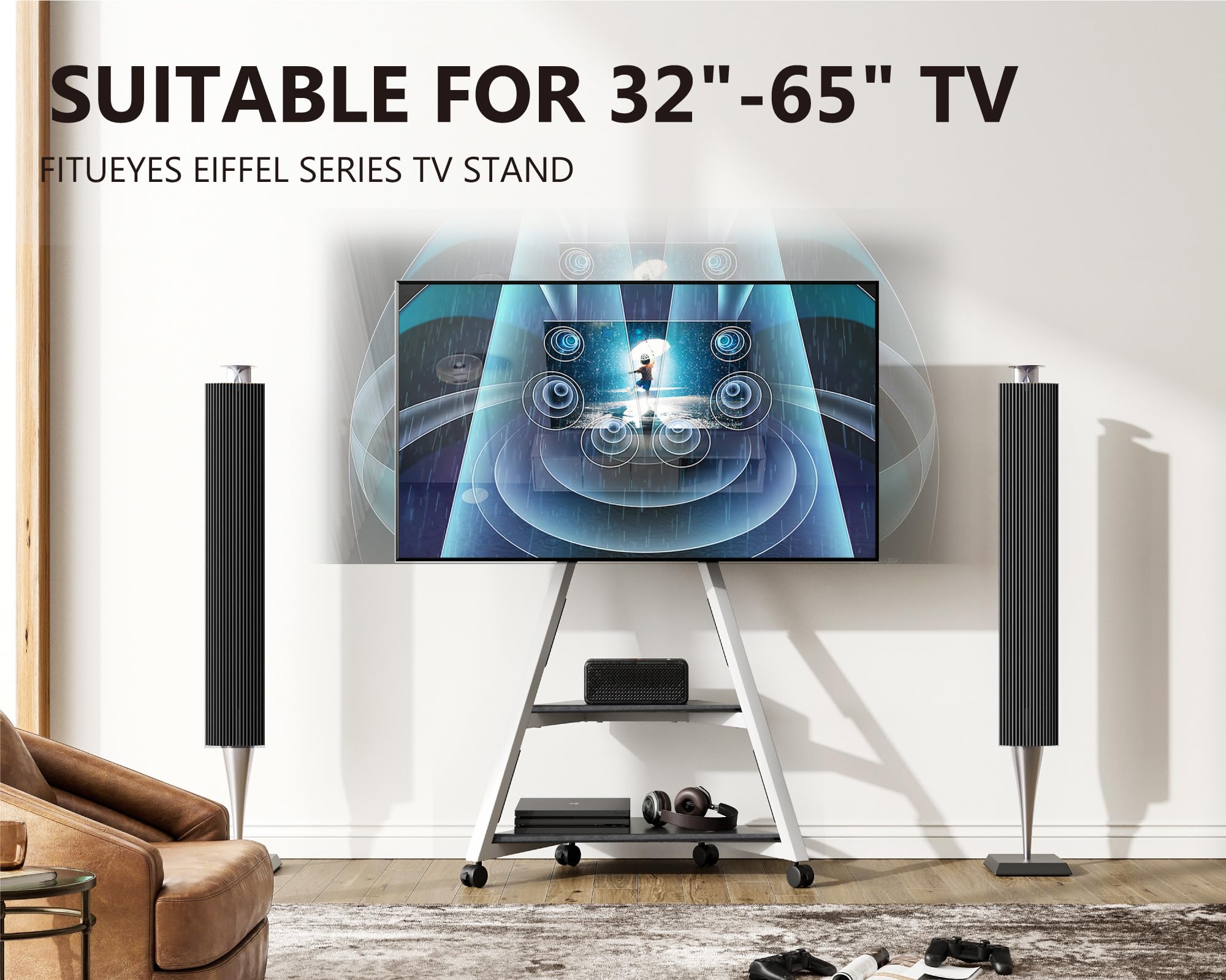 FITUEYES Corner TV Stand for 32-65 Inch Flat Screen TVs - Modern Height Adjustable Entertainment Center with Mount for LCD/LED/Curved Screens - Wooden Open Storage Shelves - Eiffel Series - Perfect for Living Room, Bedroom & Home Theater Setup