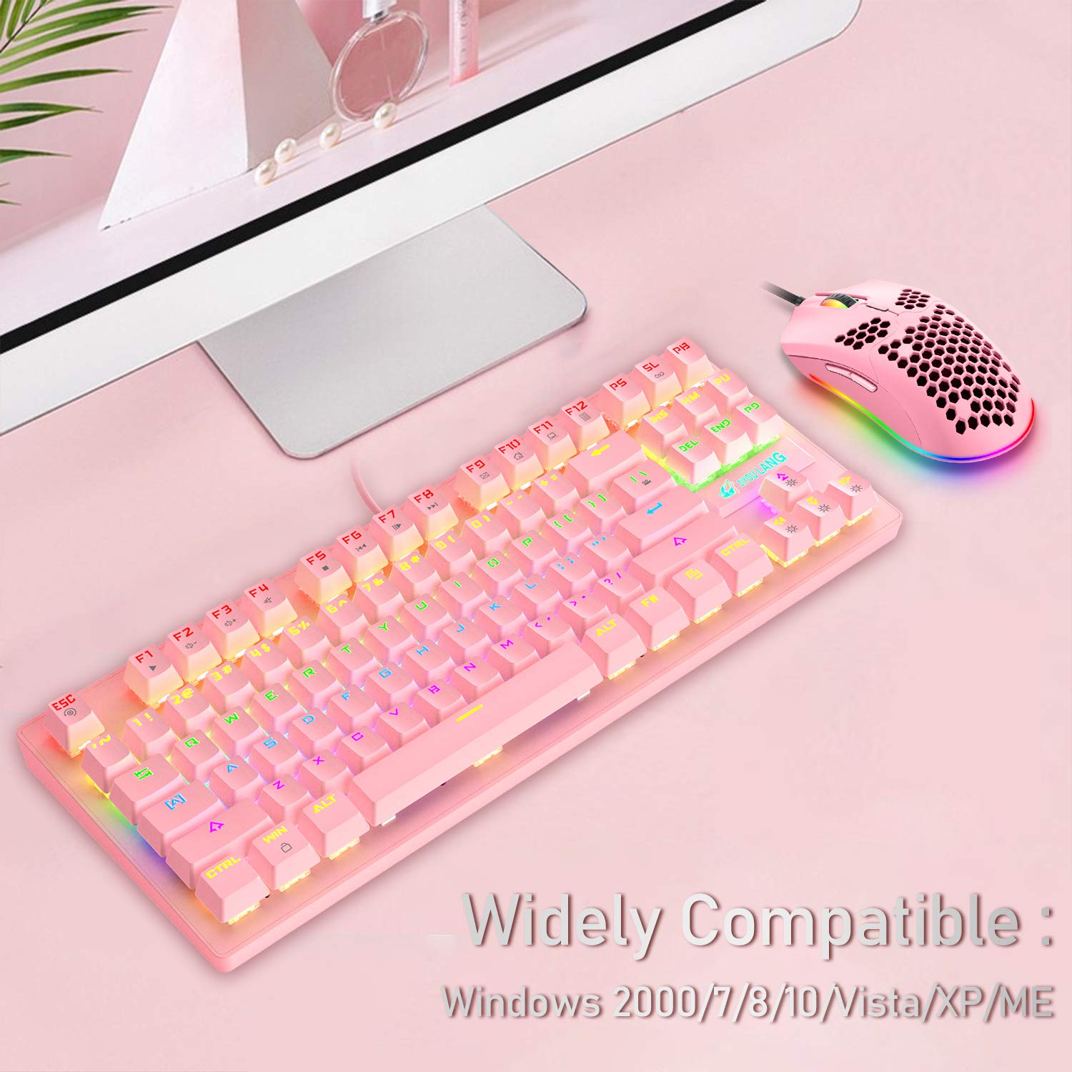 Pink Mechanical Gaming Keyboard with Blue Switches - 87 Keys Wired RGB Backlit, Lightweight Design for PC Gamers & Typists | Includes Gaming Mouse & Mouse Pad | Perfect for Esports, Office Work & Streaming Setup