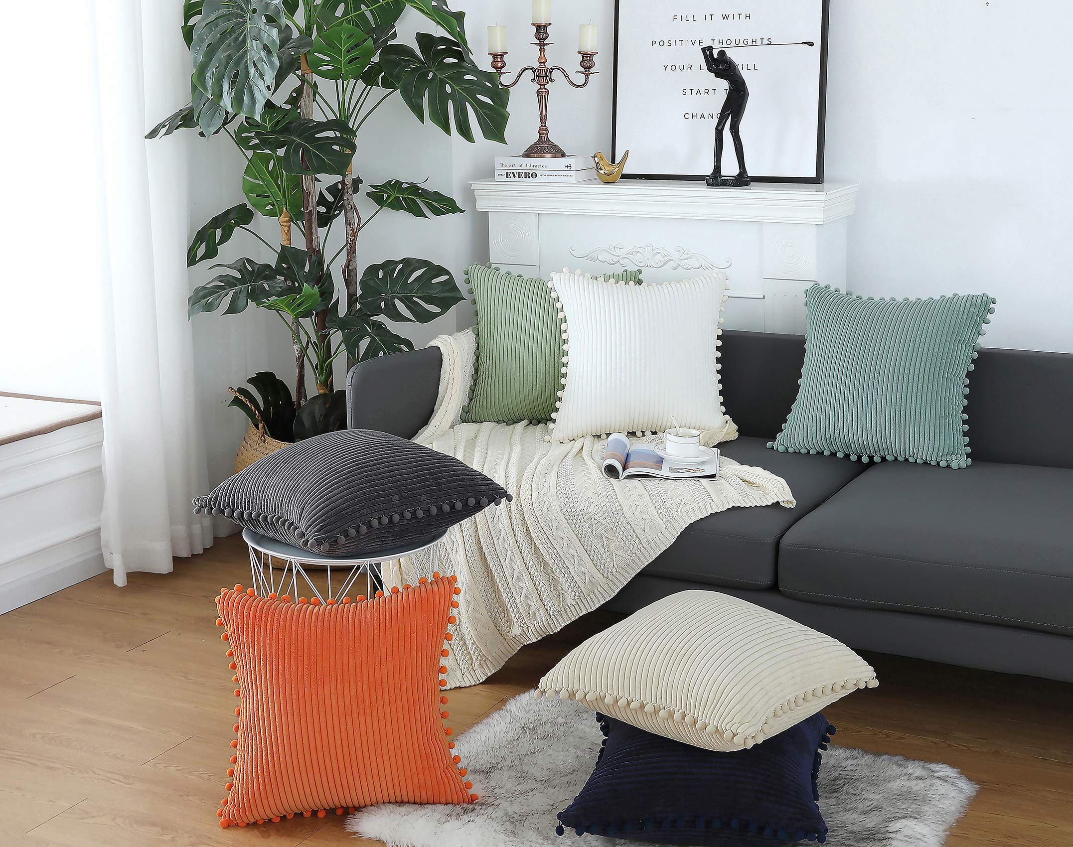 Soft Striped Boho Farmhouse Decorative Throw Pillow Covers 20x20 Inch - Grey Blue with Pom Poms - Set of 2 for Couch, Sofa, Bed, Chair & Outdoor Use - Cozy Home Decor & Living Room Accent