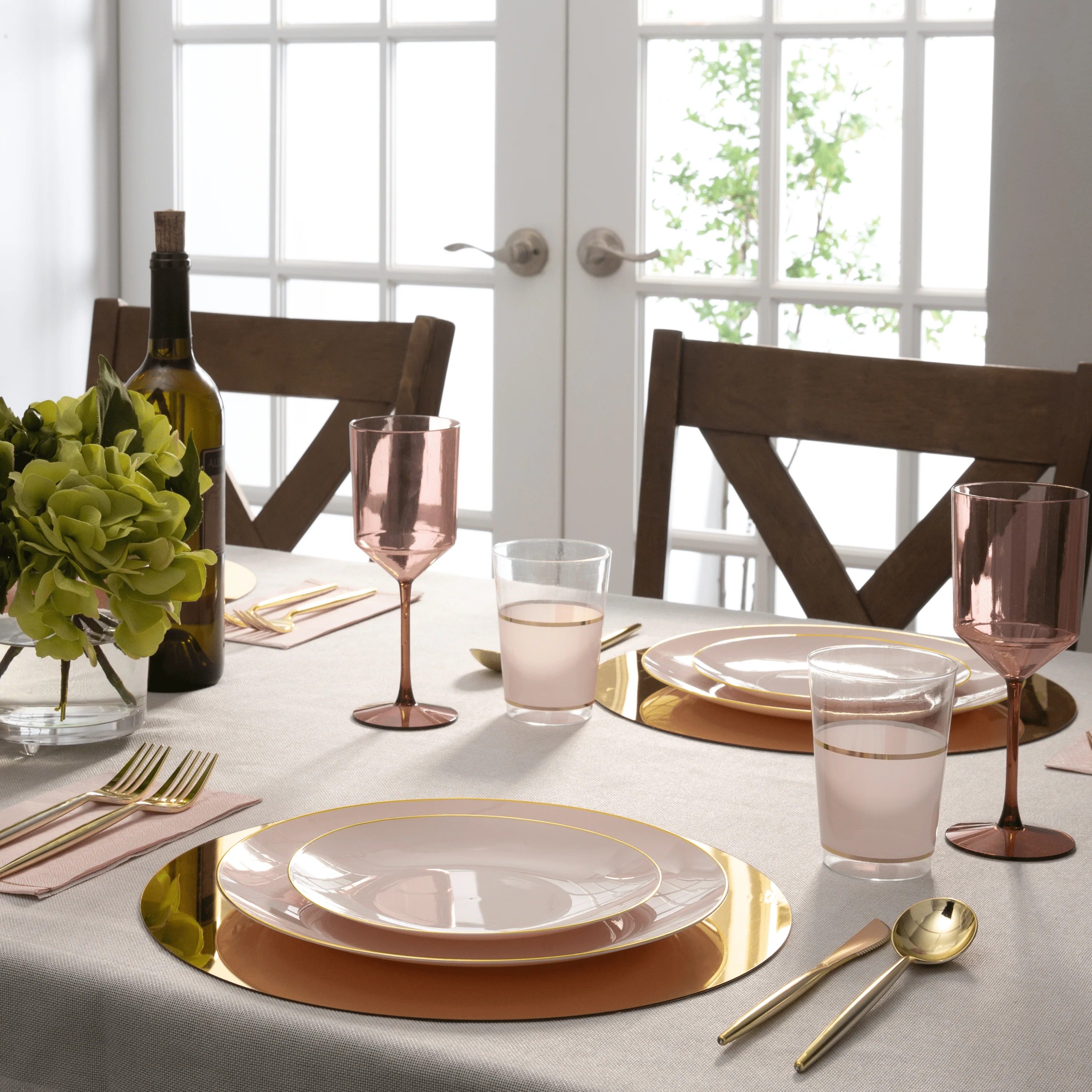 Elegant Blush Pink & Gold Rim Round Plastic Plates - 12-Pack, BPA-Free & Eco-Friendly for Parties, Weddings, and Outdoor Dining