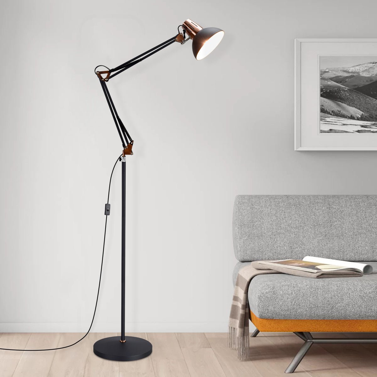 Modern Metal Floor Lamp with Flexible Swing Arms & Adjustable Head - Industrial Standing Lamp for Reading, Living Room, Bedroom, Office & Study - Matte Grey Finish - Perfect for Task Lighting & Cozy Ambiance