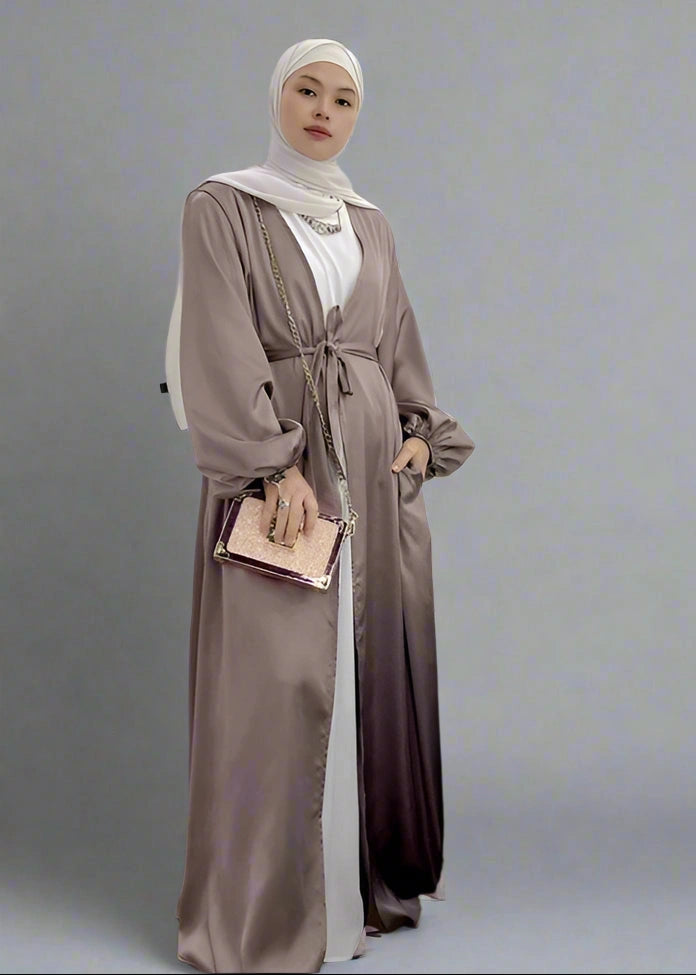 Elegant Puff Sleeve Satin Open Abaya Dress for Muslim Women - Modest Islamic Prayer Dress for Eid, Wedding & Special Occasions
