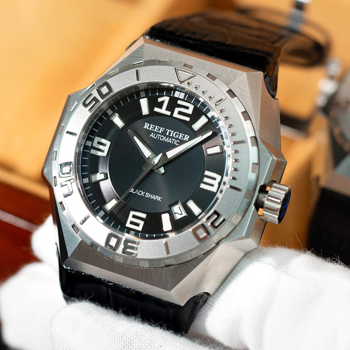 REEF TIGER RGA6903 Men's Automatic Dive Watch - Stainless Steel Case, Leather Strap, Military Style - Perfect for Scuba Diving, Water Sports & Outdoor Adventures
