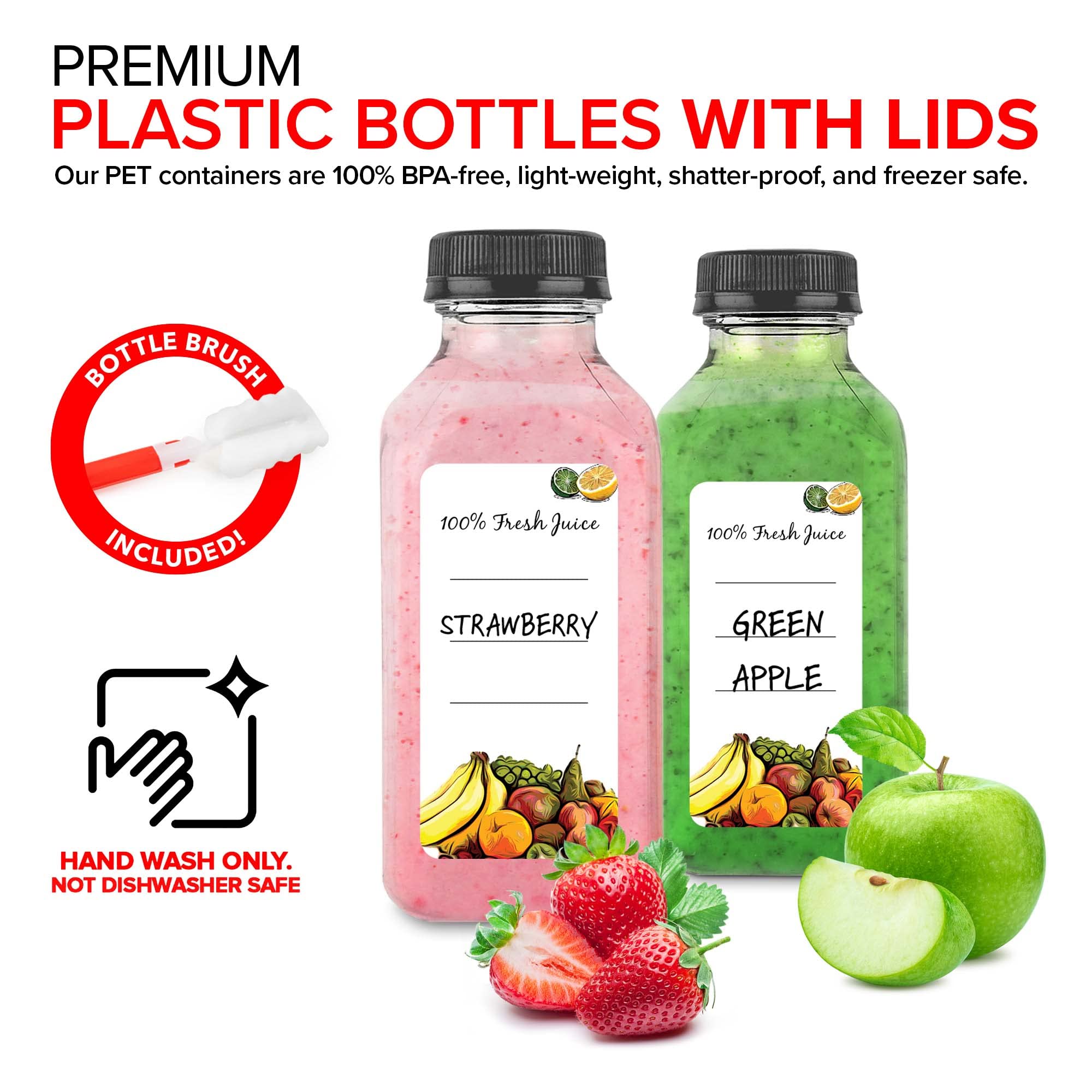 12 oz Reusable Clear Plastic Juice Bottles with Caps (35 Pack) - Empty Drink Containers for Juicing, Shots, Mini Fridge Storage - Includes Labels, Brush & Funnel - Perfect for Homemade Juices, Meal Prep, and On-the-Go Hydration