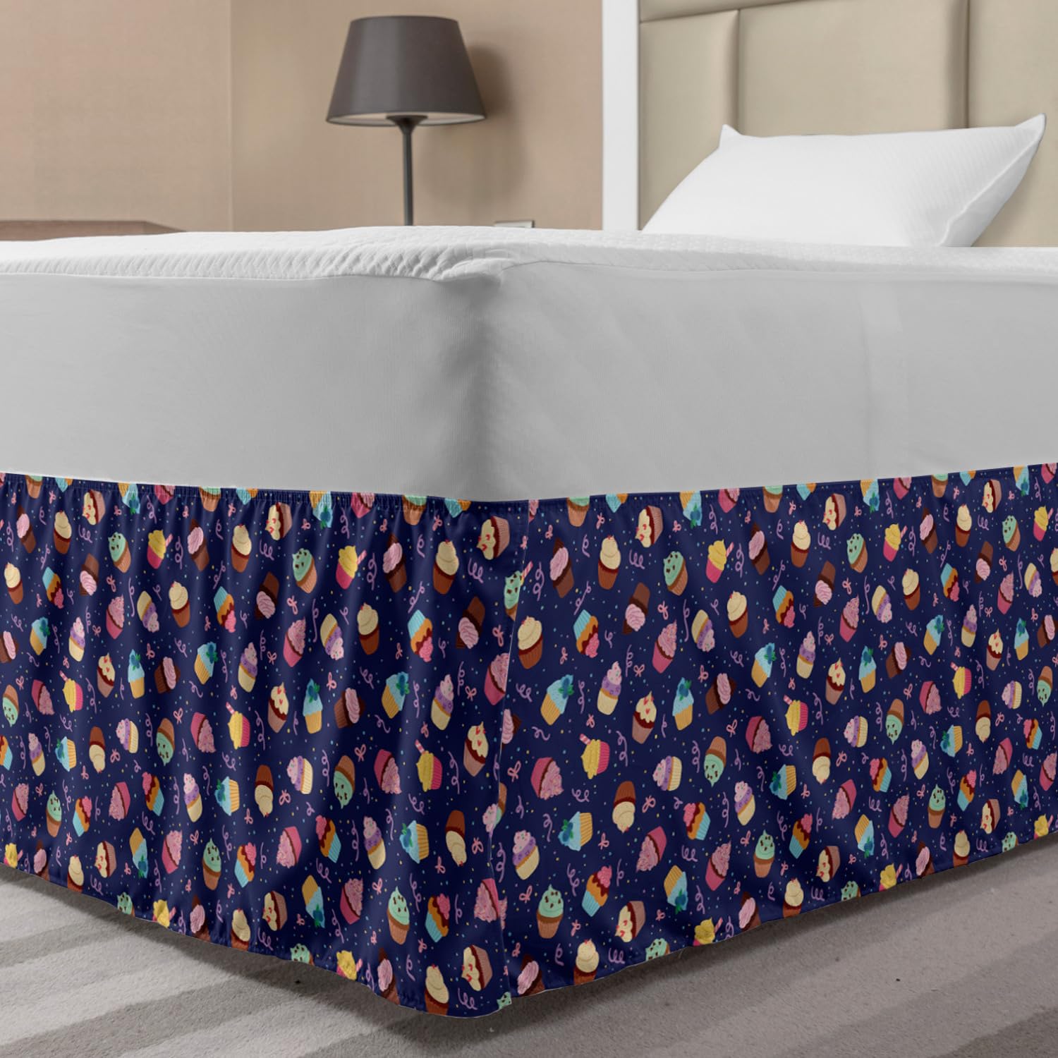 Ambesonne Elastic Bed Skirt - Colorful Frosted Cupcakes & Bows Rain Pattern, Wrap Around Dust Ruffle for Full Size Beds | Sweet Party Theme Bedroom Decor for Girls & Teens