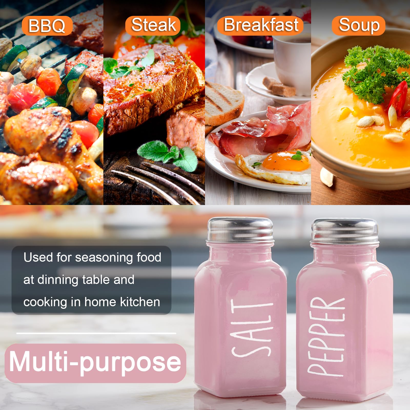 Pink Himalayan Salt and Pepper Shakers Set - Elegant Glass Kitchen Decor for Dining Table, RV Camping & BBQ Accessories - Perfect for Home, Travel and Outdoor Cooking