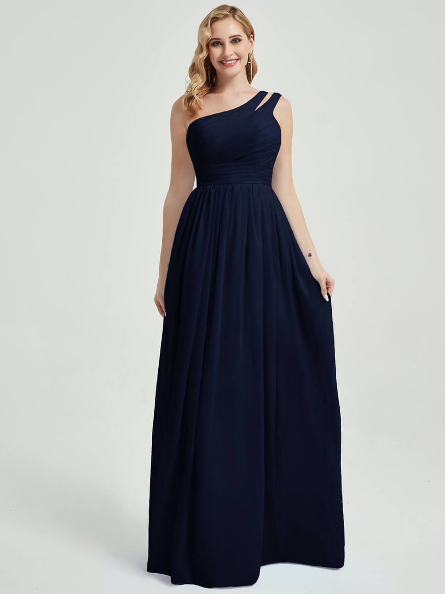 Elegant Dark Navy Pleated One Shoulder Floor Length Chiffon Bridesmaid Dress - Perfect for Weddings, Formal Events & Evening Parties