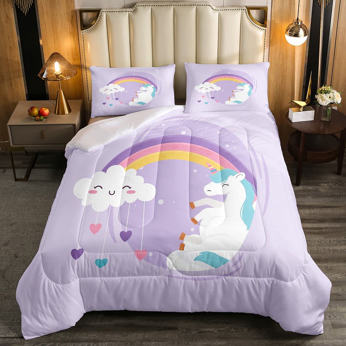 **Magical Unicorn Bedding Set for Kids - Full Size Rainbow Comforter with Cloud & Stars Design - Soft Purple Duvet Cover for Girls & Boys - Perfect for Bedroom Decor, Sleepovers & Fantasy Themed Rooms**