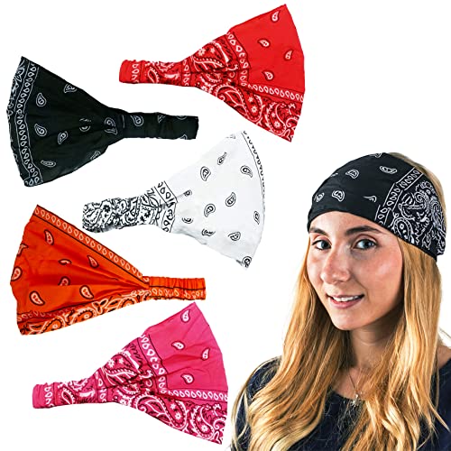 Paisley Bandana Headband Wrap - 5 Pack Wide Headbands for Women & Men - Stylish Hair Accessories for Workouts, Yoga, Sports & Fashion - Perfect Christmas Gifts by CoverYourHair