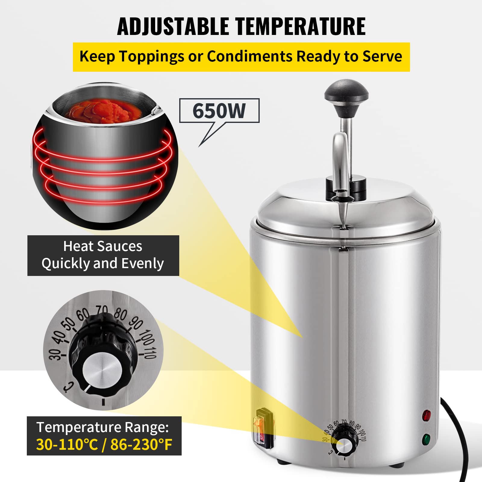 VEVOR 2.64 Qt Stainless Steel Cheese Dispenser with Pump - 650W Hot Fudge Warmer 110V, 30-110℃ Adjustable Temperature for Cheese, Caramel, Chocolate - Perfect for Restaurants, Cafes & Dessert Shops