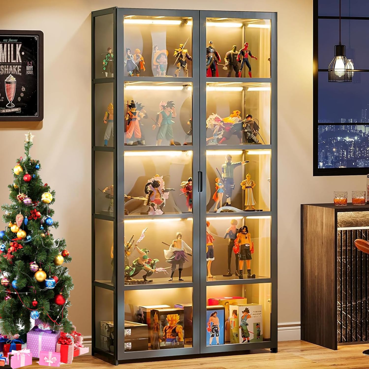 5 Tier Acrylic Glass Door Curio Display Cabinet - Collectibles & Toy Organizer Shelf for Kids Bedroom, Reading Nook, Nursery - Bamboo Bookcase & Display Rack for Home Decor, Living Room, Playroom Organization