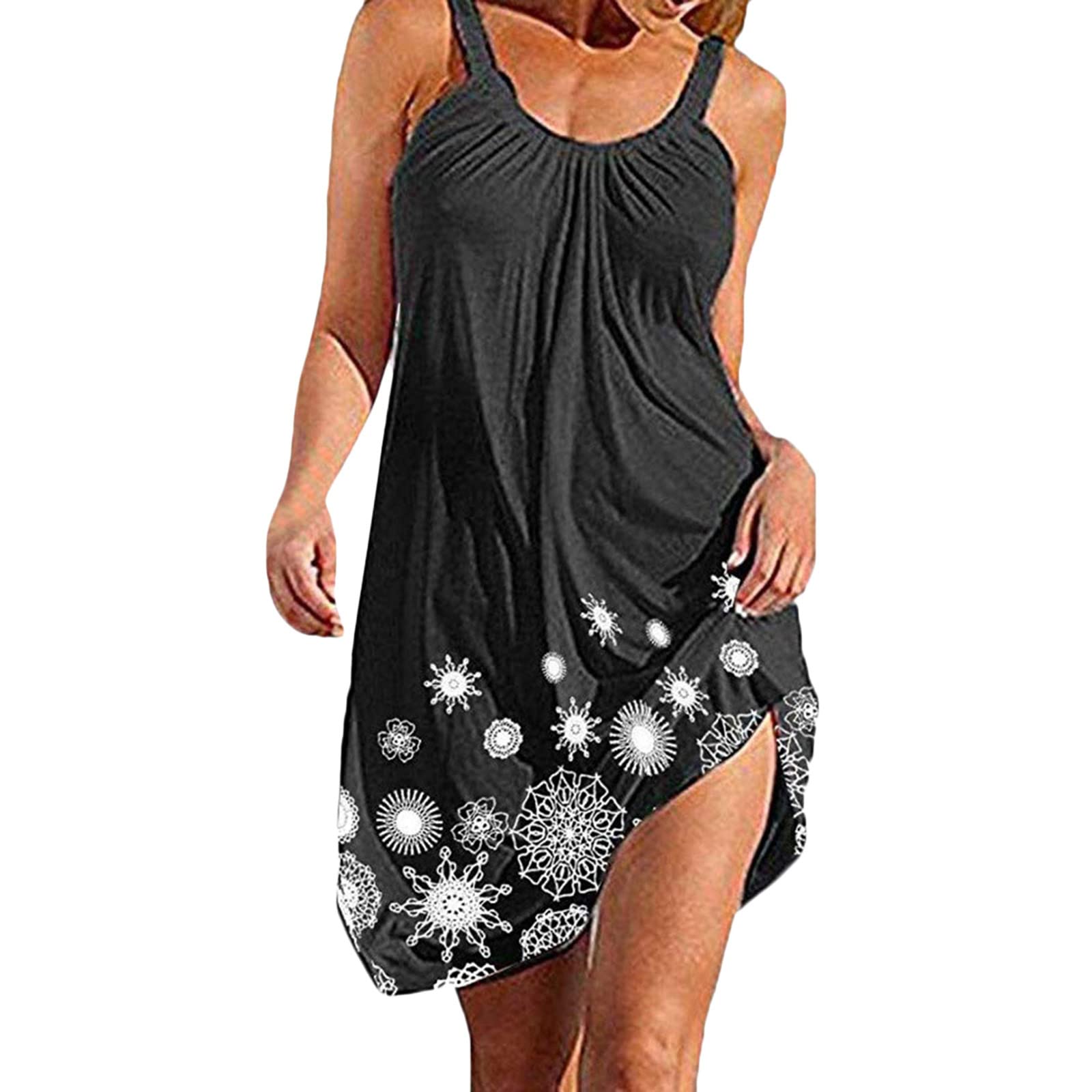 Women's Floral Boho Summer Dress - Sleeveless Elegant Crewneck Casual Beach Dress with Flower Pattern in White | Perfect for Beach Vacations, Outdoor Parties & Summer Getaways