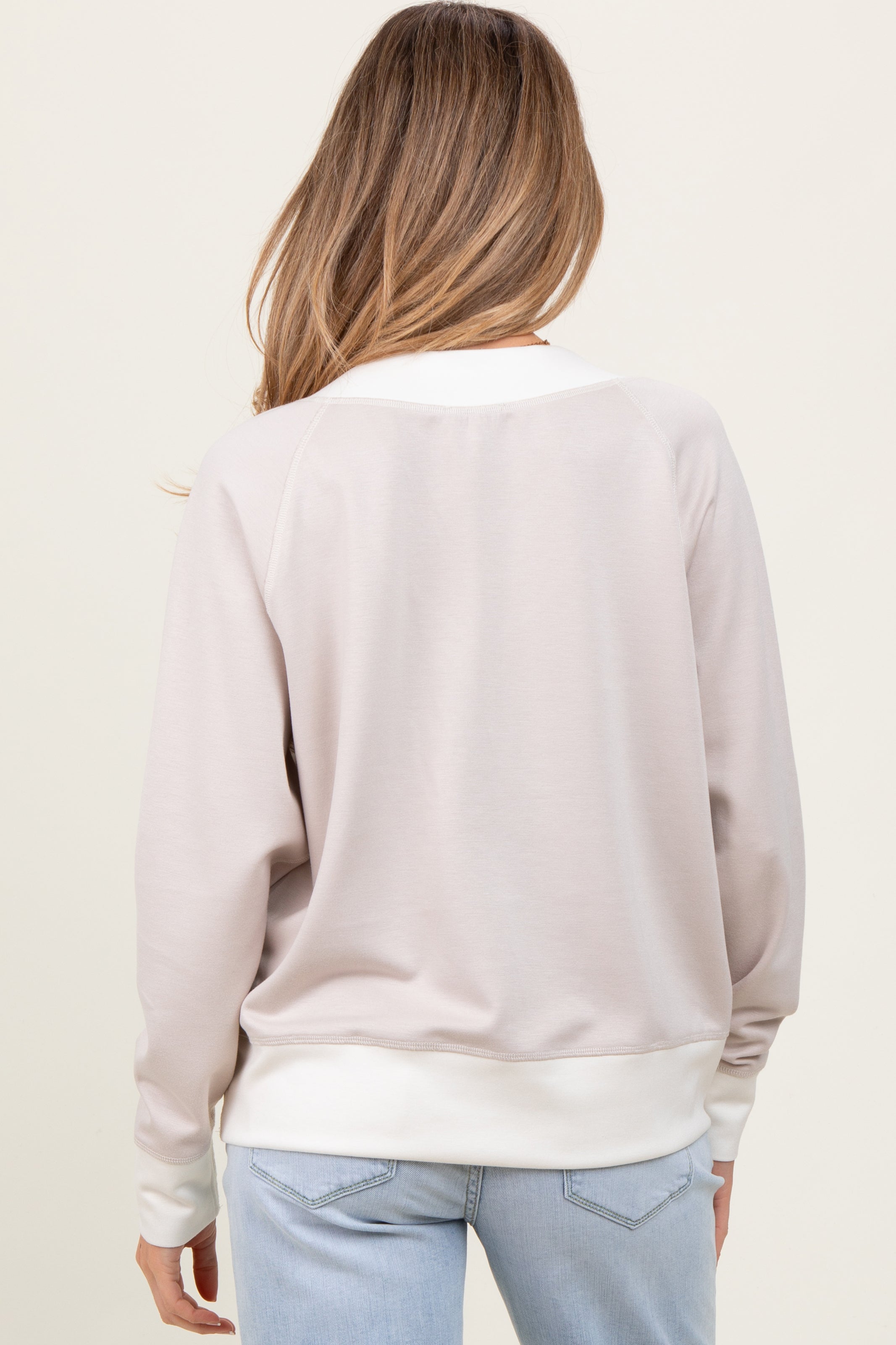 Beige Colorblock V-Neck Maternity Pullover Top - Soft Stretch Pregnancy Shirt for Women | Comfortable Nursing & Everyday Wear