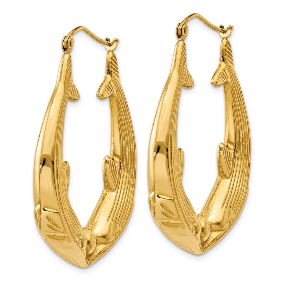 14K Yellow Gold Polished Dolphin Hoop Earrings for Women - 21mm x 6mm Dainty Marine Jewelry - Perfect for Beach Vacations, Summer Outfits & Gift Giving