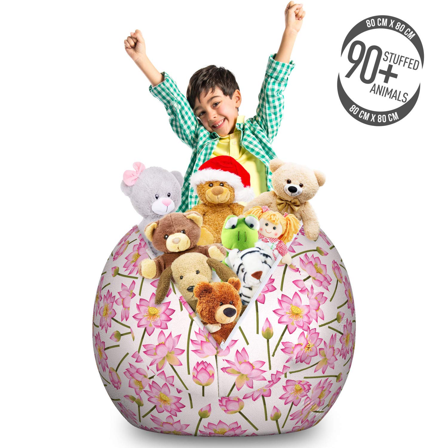 Ambesonne Large Washable Storage Toy Bag Chair - Lotus Blossom Design, Fern Green & Yellow - Stuffed Animal Organizer for Kids' Room, Playroom & Nursery - Home Decor & Toy Storage Solution