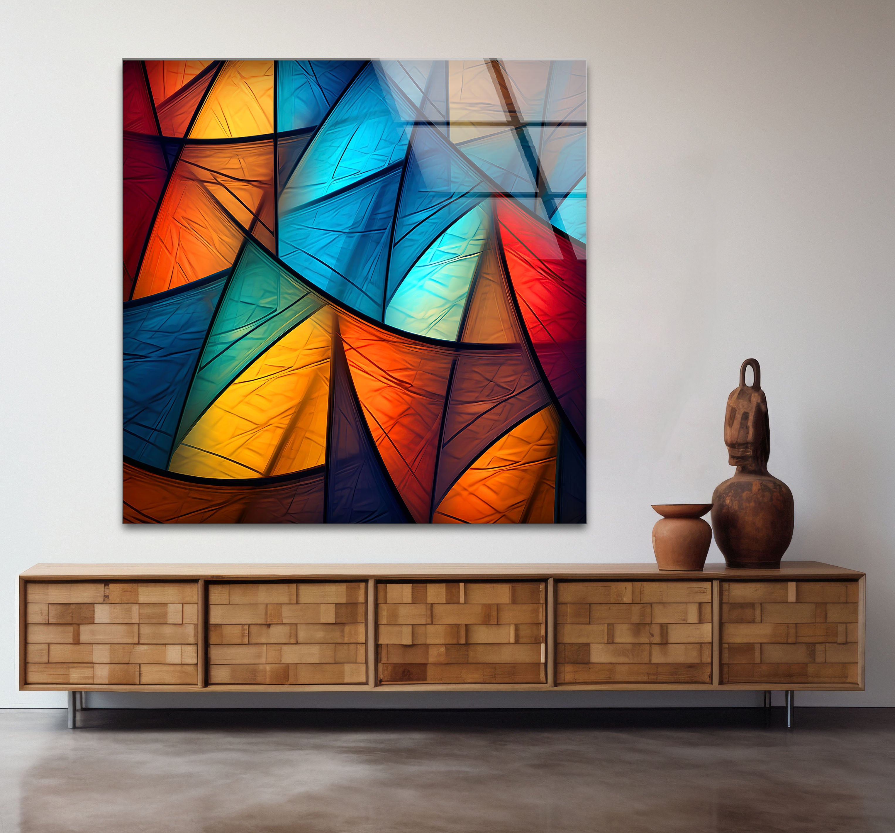 Modern Abstract Geometric Glass Wall Art - Vibrant Triangle Pattern Home Decor for Living Room, Bedroom & Office | Unique Handmade Wall Hanging