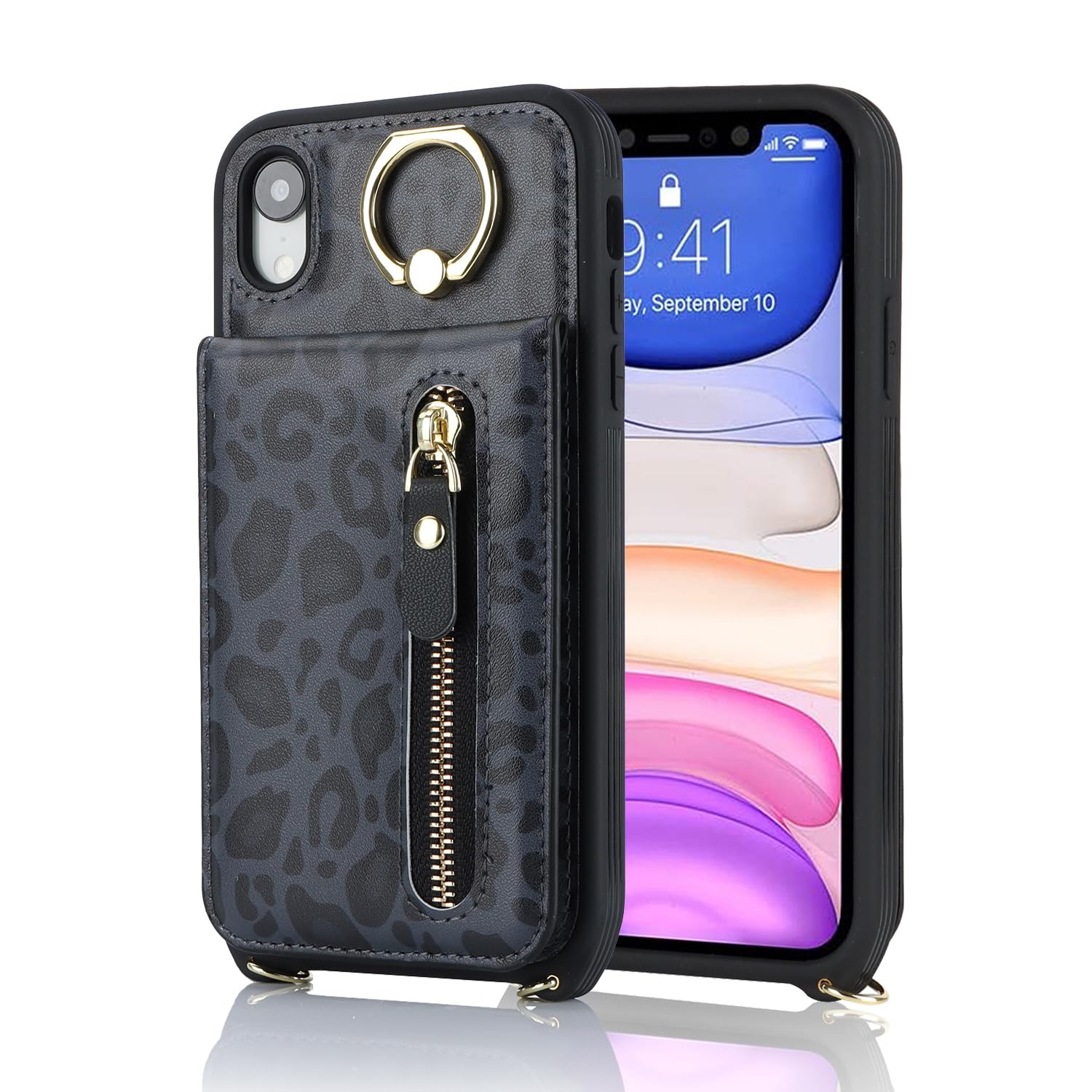 Premium iPhone XR Phone Case with Card Holder & Wrist Strap - Women's Wallet Case with Credit Card Slots, Kickstand & Zipper Closure (Black Leopard Print) - Perfect for Everyday Use, Travel & Hands-Free Convenience
