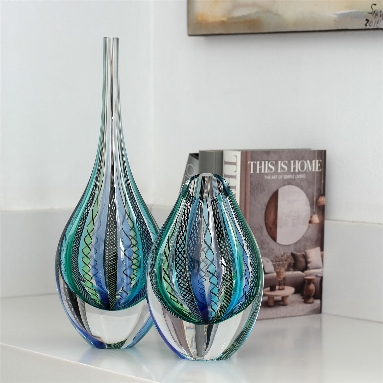 Hand Blown Murano-Style Art Glass Vase - Cá d'Oro Drop Glass Vase in Hippie Blue/Green Canes, Tall Model - Perfect for Bohemian Home Decor, Wedding Centerpieces & Luxury Gift Giving