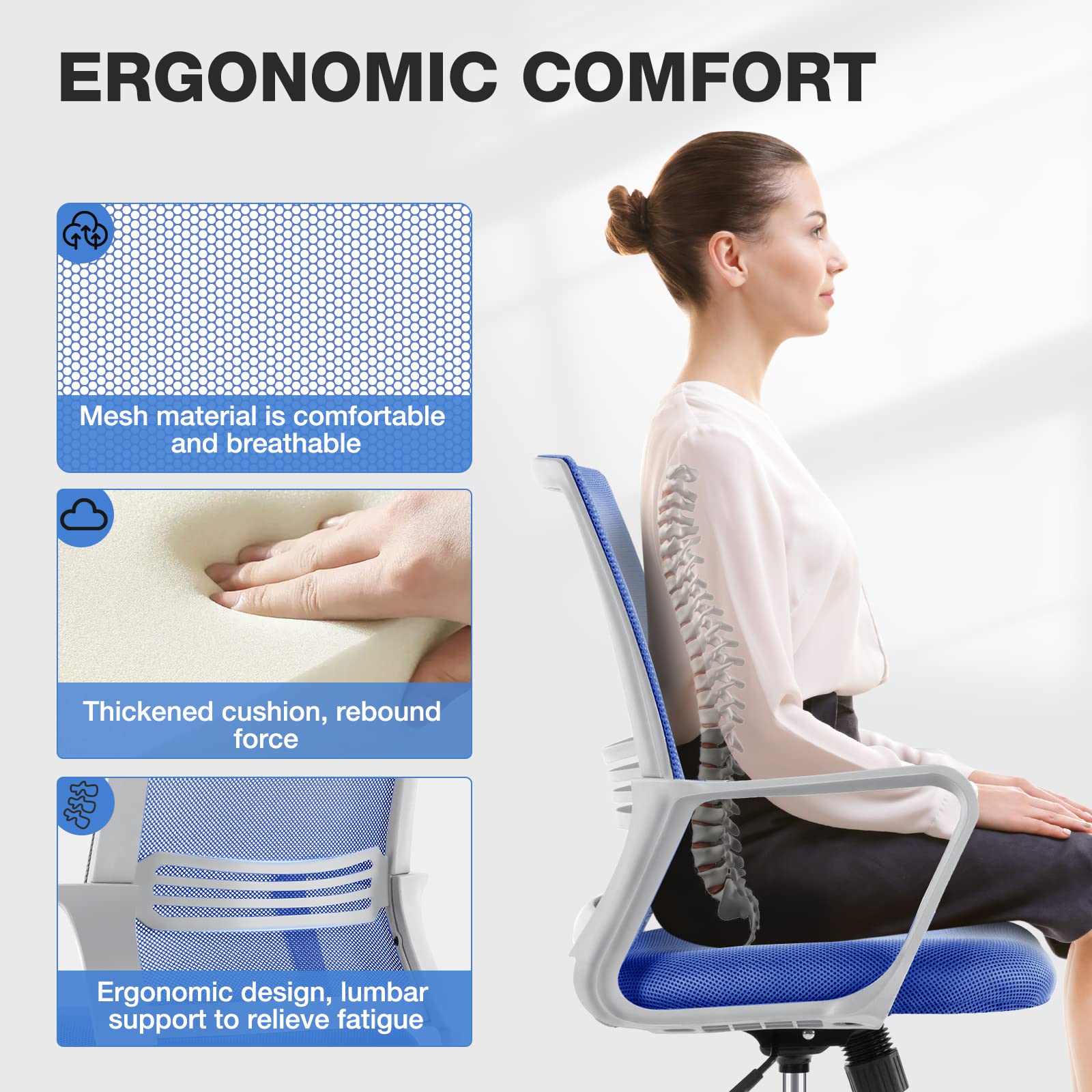 Ergonomic Office Chair with Lumbar Support - Adjustable Mid Back Desk Chair with Wheels & Armrests for Home Office, Computer Work, and Gaming - Comfortable Blue Task Chair for Adults