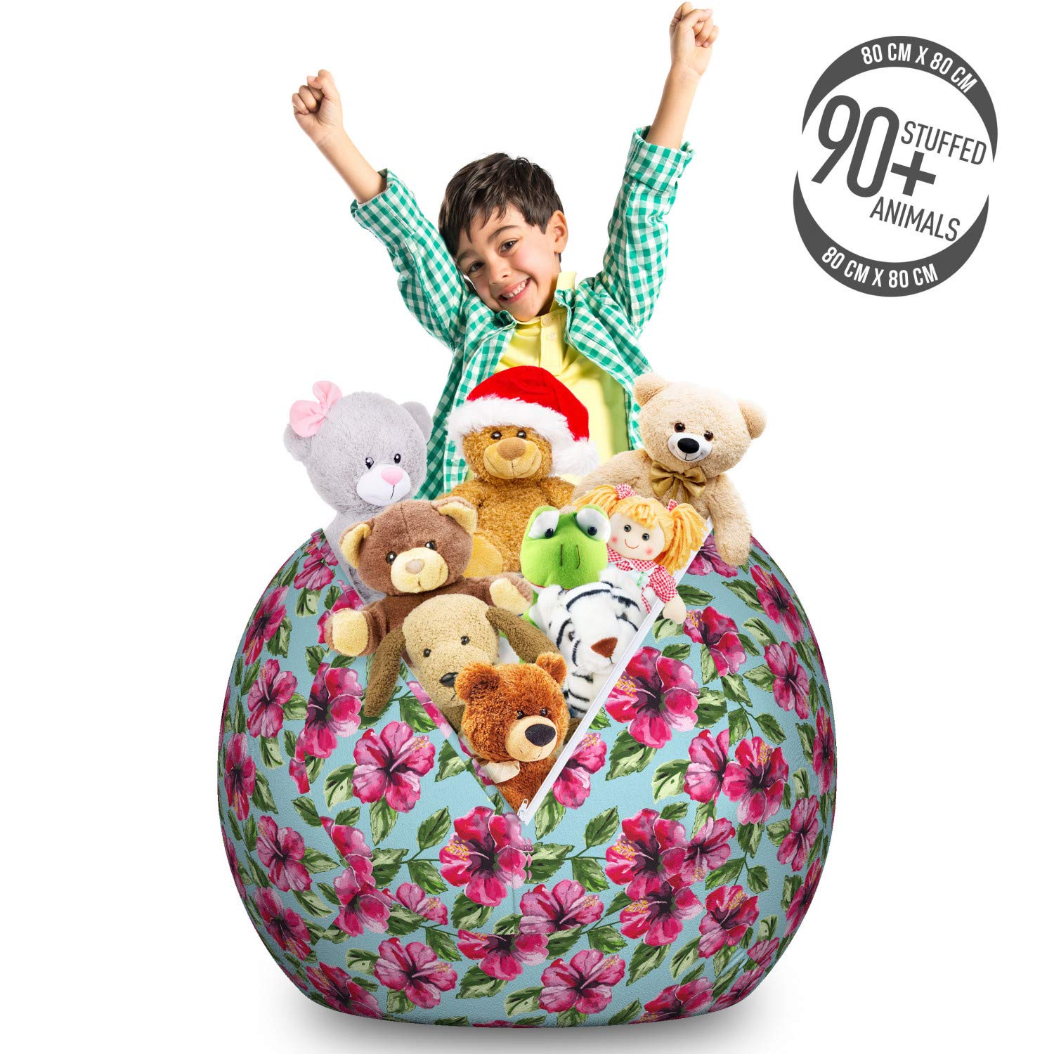 Ambesonne Large Washable Toy Storage Bag Chair - Watercolor Hibiscus & Leaves Design, Stuffed Animal Organizer for Kids Room, Nursery, Playroom - Hot Pink & Eggplant Color