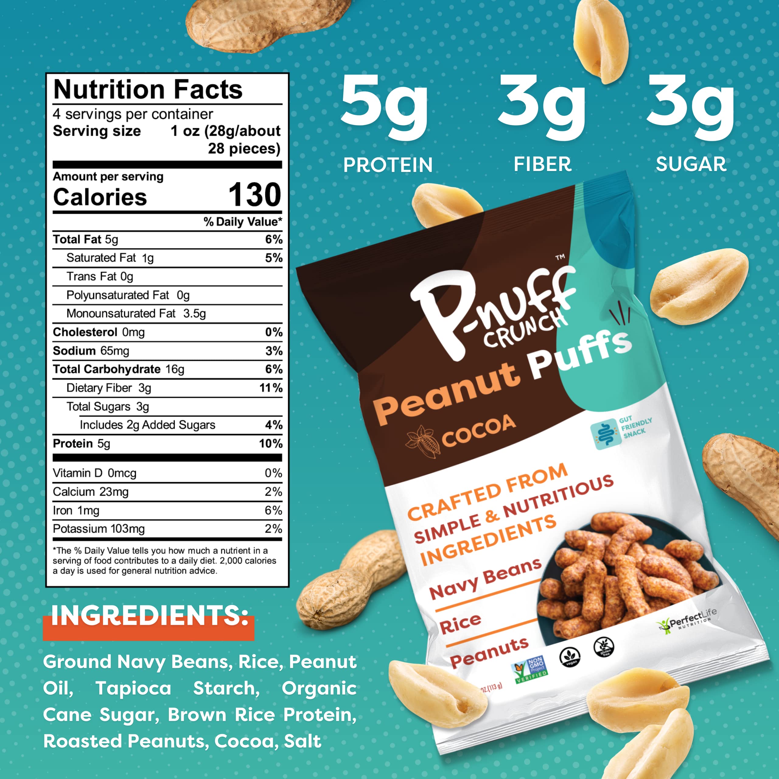 Pnuff Crunch Peanut Butter Puffs - Healthy Low Calorie Gluten Free Vegan High Protein Keto Snacks - Low Sugar Cocoa Flavor - 4 Oz Bag (Pack of 6) - Perfect for Office, Gym & On-the-Go Snacking