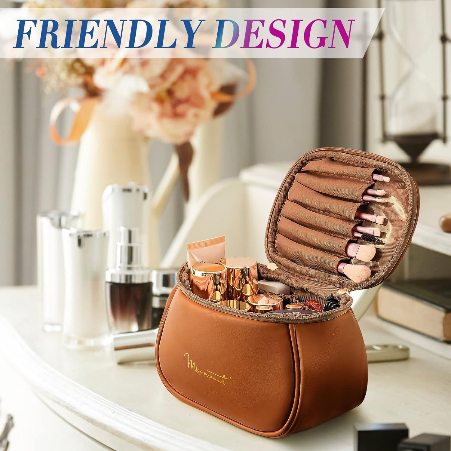 Waterproof Travel Makeup Bag for Women - Zippered Cosmetic Organizer Pouch for Brushes, Toiletries & Accessories (10cm, Brown) | Perfect for Travel, Gym & Daily Use