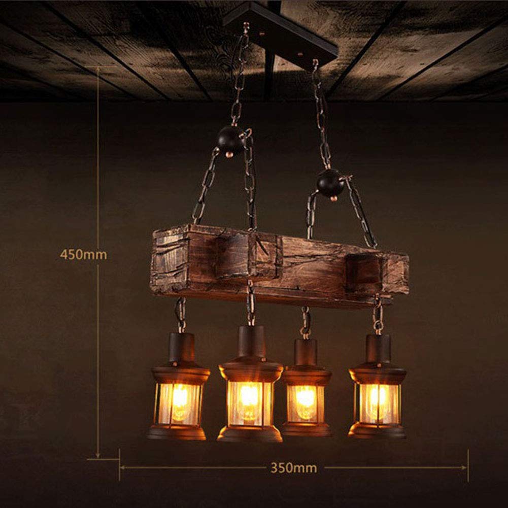 BTDH 8/4 Lights Industrial Vintage Wooden Chandelier - Adjustable Hanging Pendant Light Fixture for Farmhouse, Cafe, Bar & Restaurant - Perfect for Dining Room, Kitchen Island & Commercial Spaces (4 Lights)