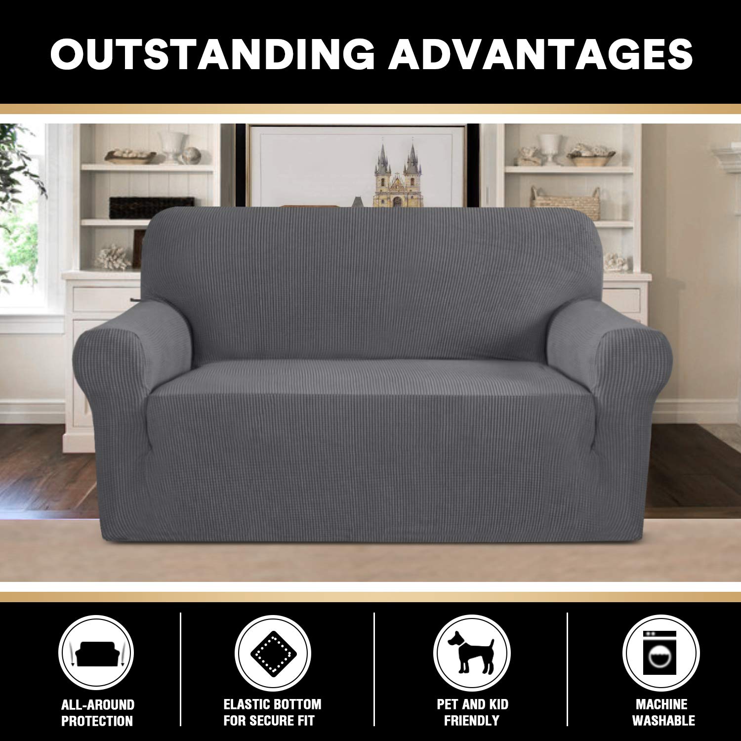 **PrinceDeco Stretch Loveseat Sofa Cover Slipcover - Washable, Non-Slip, Pet-Friendly Couch Cover for 2-Cushion Sofas (Gray) - Perfect for Living Room, Apartment, and Pet Owners**