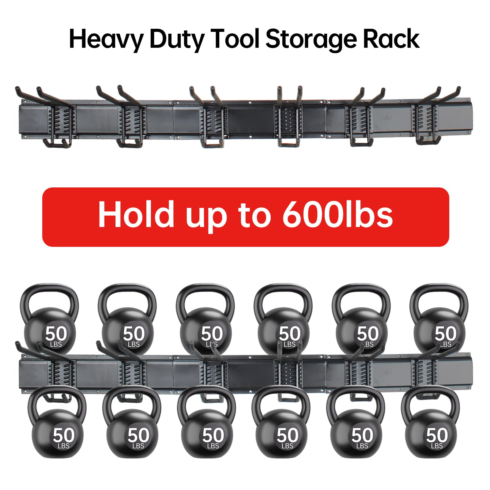 NOEAIKE 48-Inch Heavy Duty Garage Storage Rack Hooks - Wall Mount Organizer with 3 Rails & 6 Adjustable Double Hooks - Perfect for Garage, Shed, or Workshop Organization - Holds Garden Tools, Brooms, Mops, Ladders & More (Black)