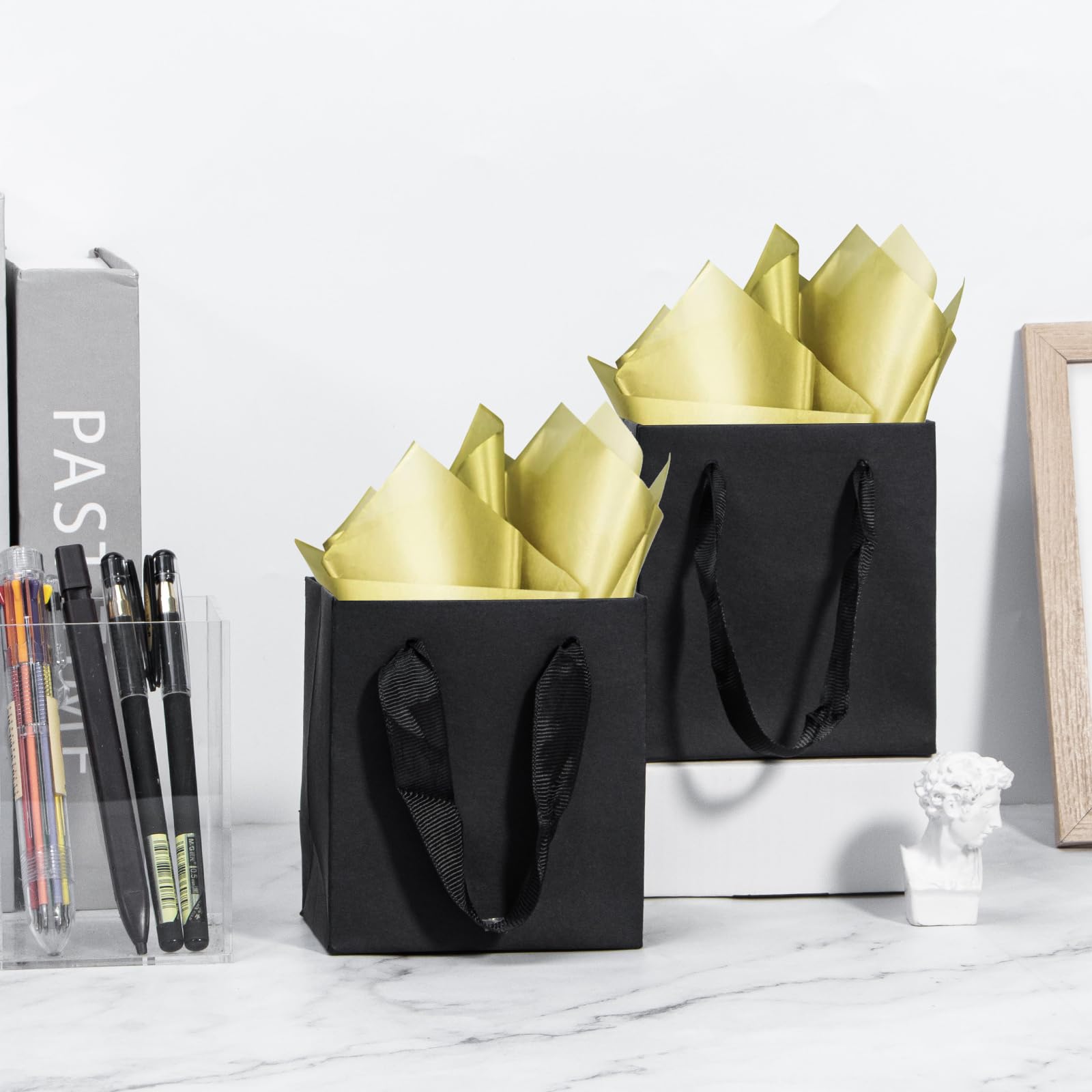 Katfort 50 Pack Mini Kraft Paper Gift Bags 4x2.75x4.5 Inches with Cotton Handle - Matte Black Small Gift Bags Bulk for Holiday Shopping, Wedding Favors, Birthday Party, Baby Shower & Christmas Gifts | Perfect for Candy, Jewelry, Cosmetics & Small Gift Packaging