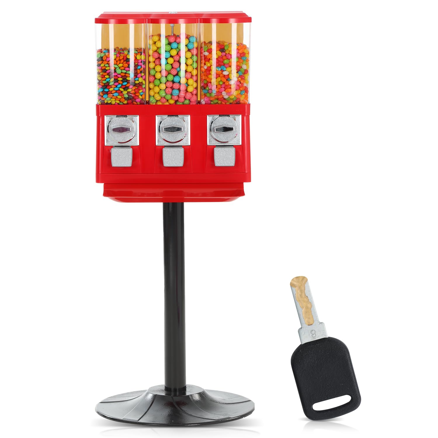 Triple Coin Operated Commercial Gumball Vending Machine with Stand - Accepts Quarters for Candy, Toys & Capsules - Perfect for Business, Schools, Arcades and Home Use (Red)