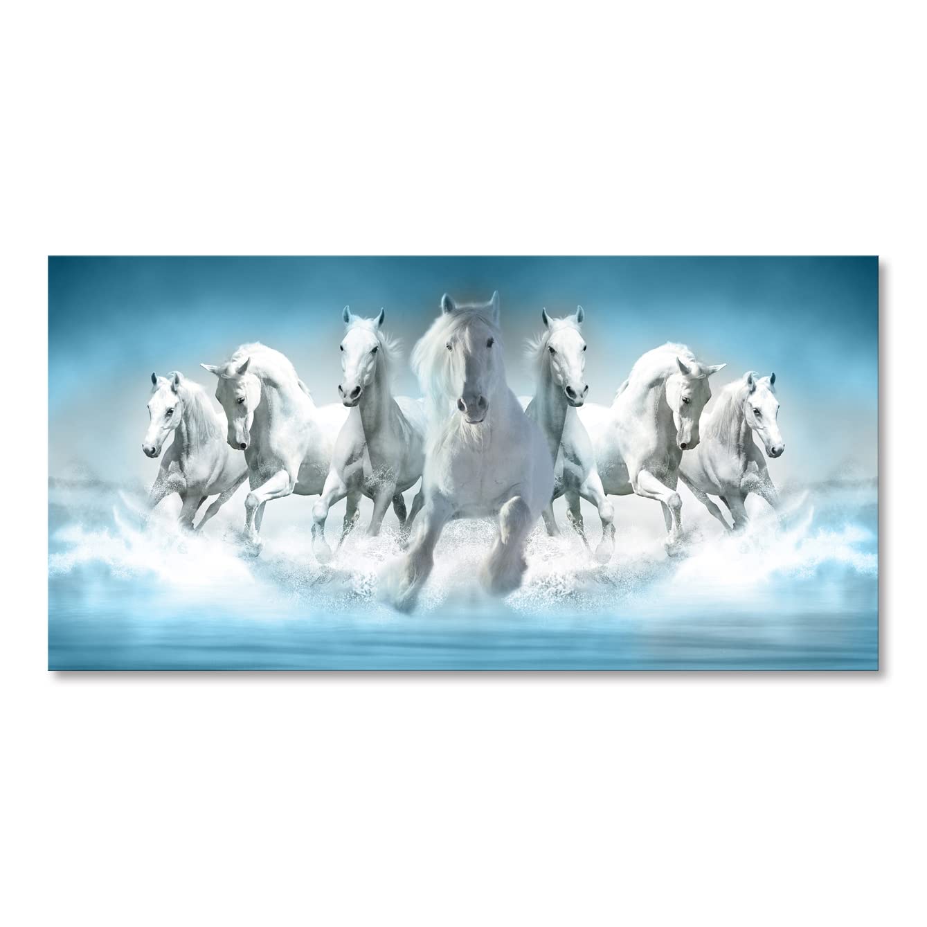 Modern Blue White Running Horse Canvas Painting - Animal Wall Art Decor for Living Room, Bedroom & Office | Perfect for Home, Office & Farmhouse Style Interior Design