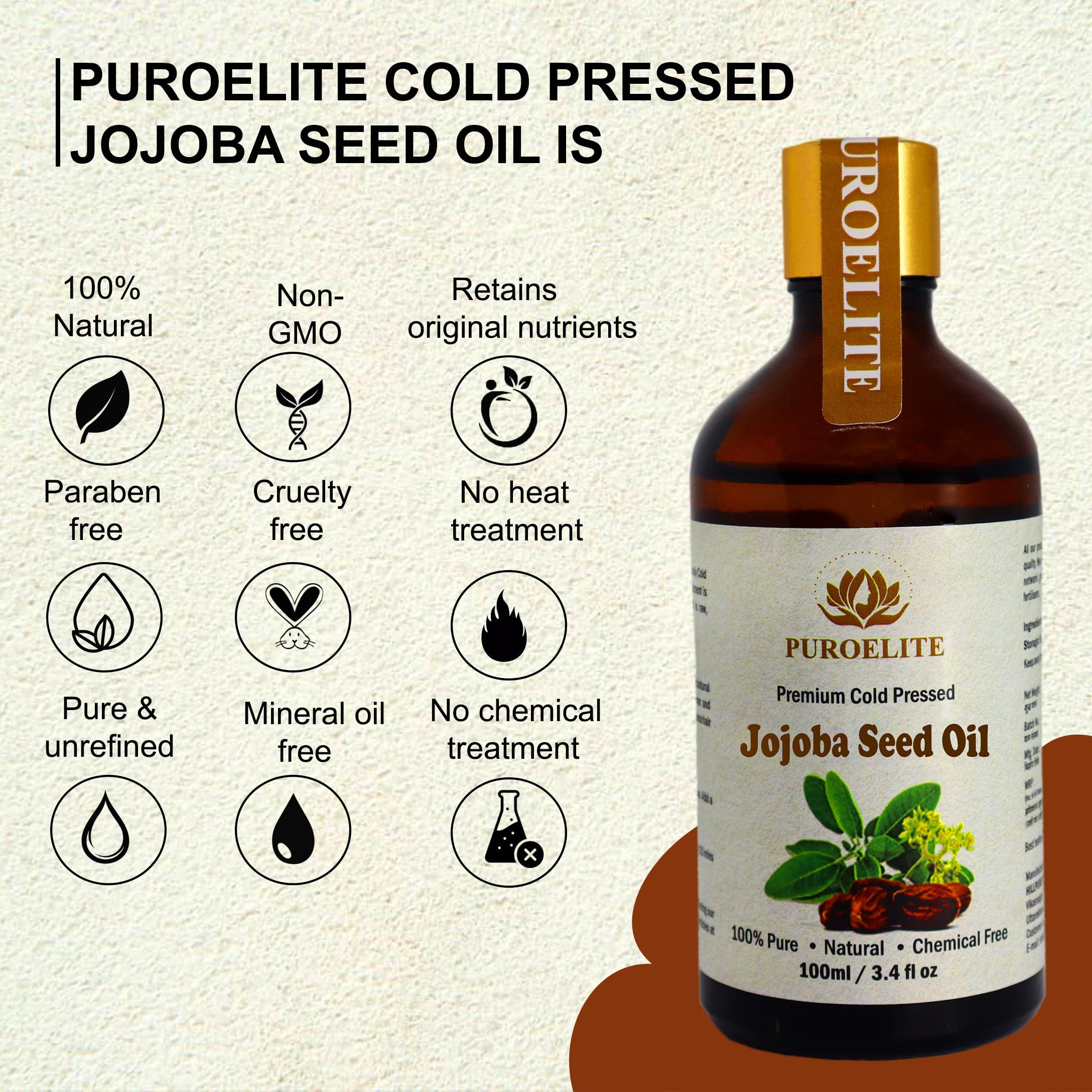 Puroelite Premium Cold Pressed Jojoba Seed Oil - 100% Pure & Natural for Face, Hair & Body Care - Glass Bottle with Dropper (100ml) - Ideal for Moisturizing, Hair Growth & Skin Hydration