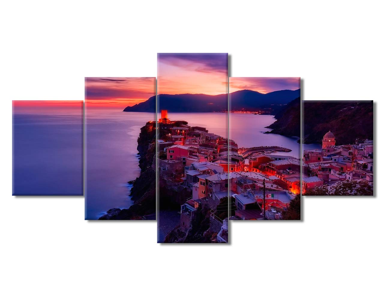 5-Panel Cinque Terre Italy Coastal Sunset Canvas Wall Art - Stretched & Framed Ready to Hang (60''W x 32''H) - Perfect for Bedroom, Living Room & Office Decor