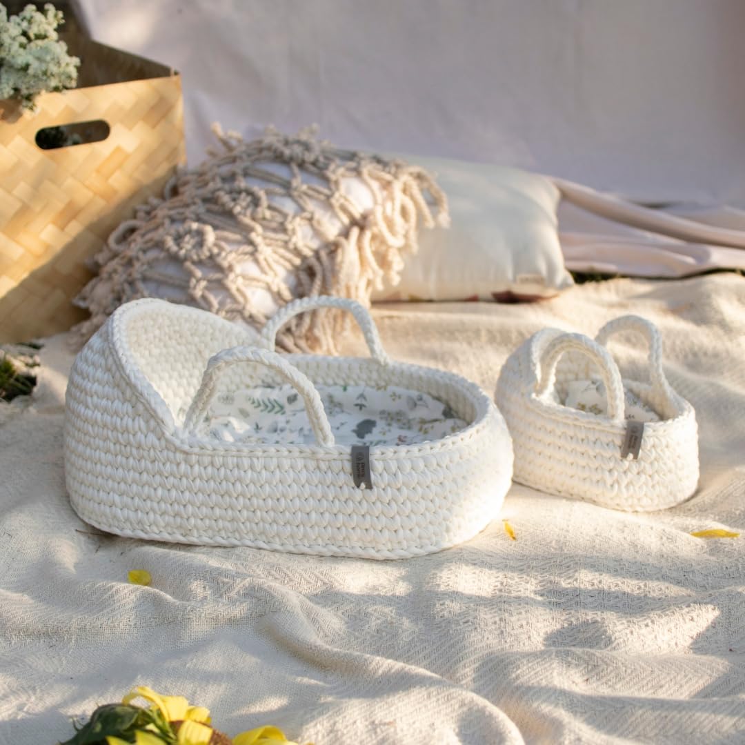 **White Boho Doll Bassinet with Round Hood & Rocking Stand - Baby Doll Crib, Pretend Play Toy Carrycot, Crochet Doll Basket for Nursery Decor & Imaginative Play**