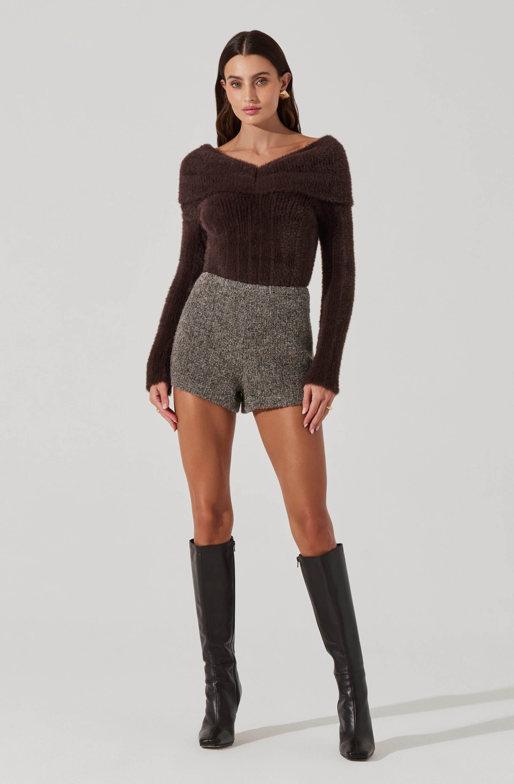 Cozy Fuzzy Knit Off Shoulder Sweater for Women - Soft Winter Pullover Casual Loungewear for Date Night & Coffee Dates