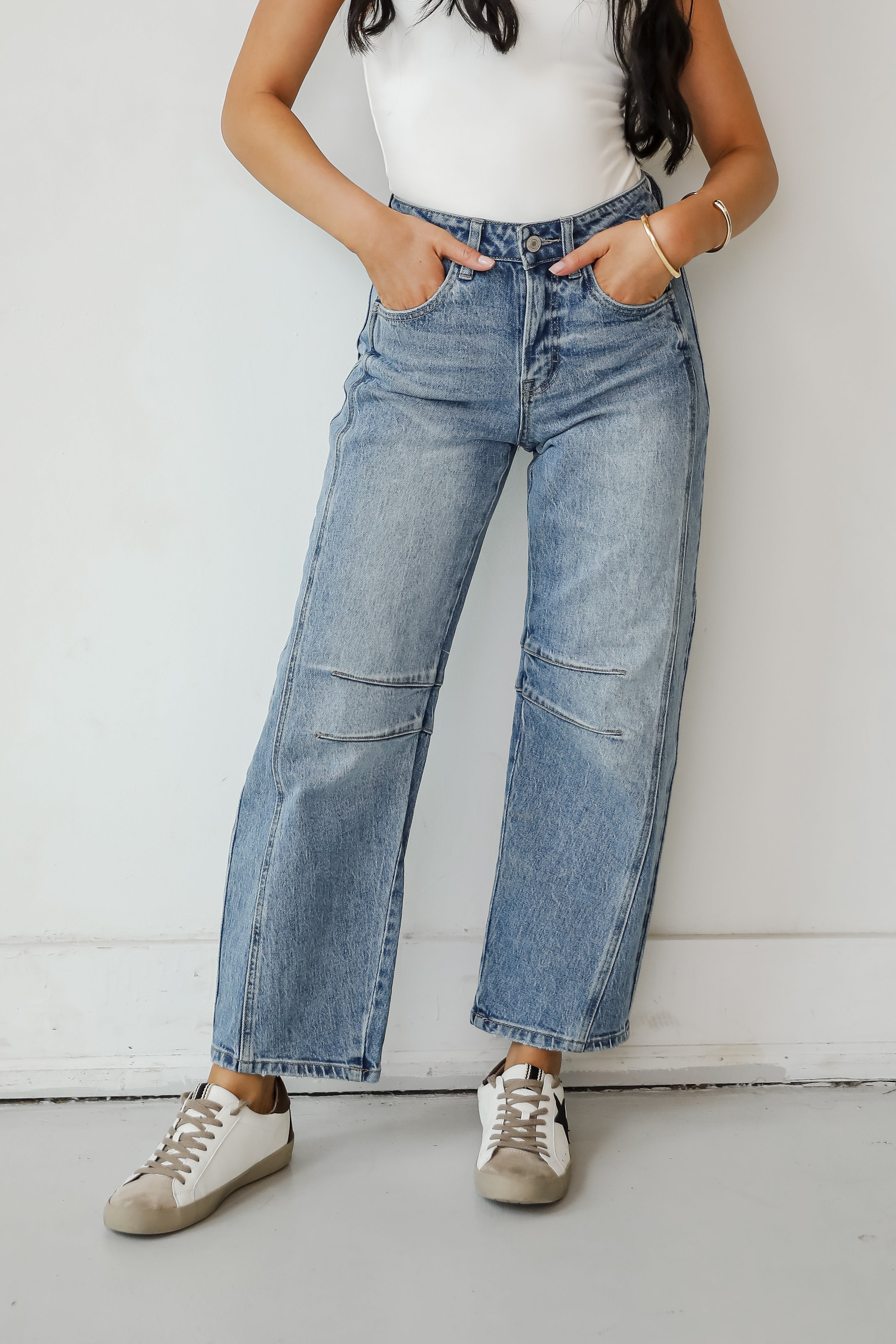 Addy Medium Wash High Rise Barrel Jeans for Women - Vintage Inspired Stretch Denim Pants for Casual Wear & Everyday Outfits