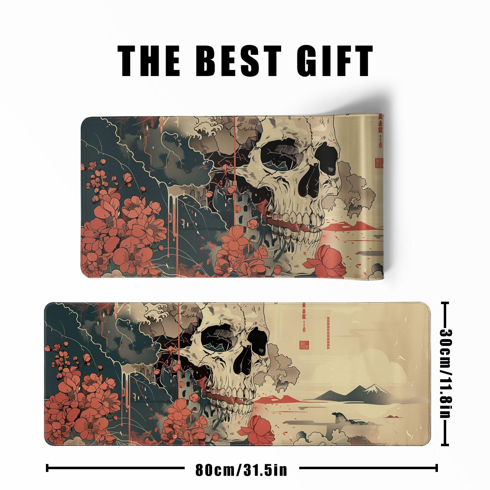 Japanese Ukiyo-e Skull Design XL Gaming Mouse Pad - Non-Slip Large Desk Mat with Stitched Edges (31.5x11.8 in) - Perfect for Anime Fans, PC Gamers & Office Workstations
